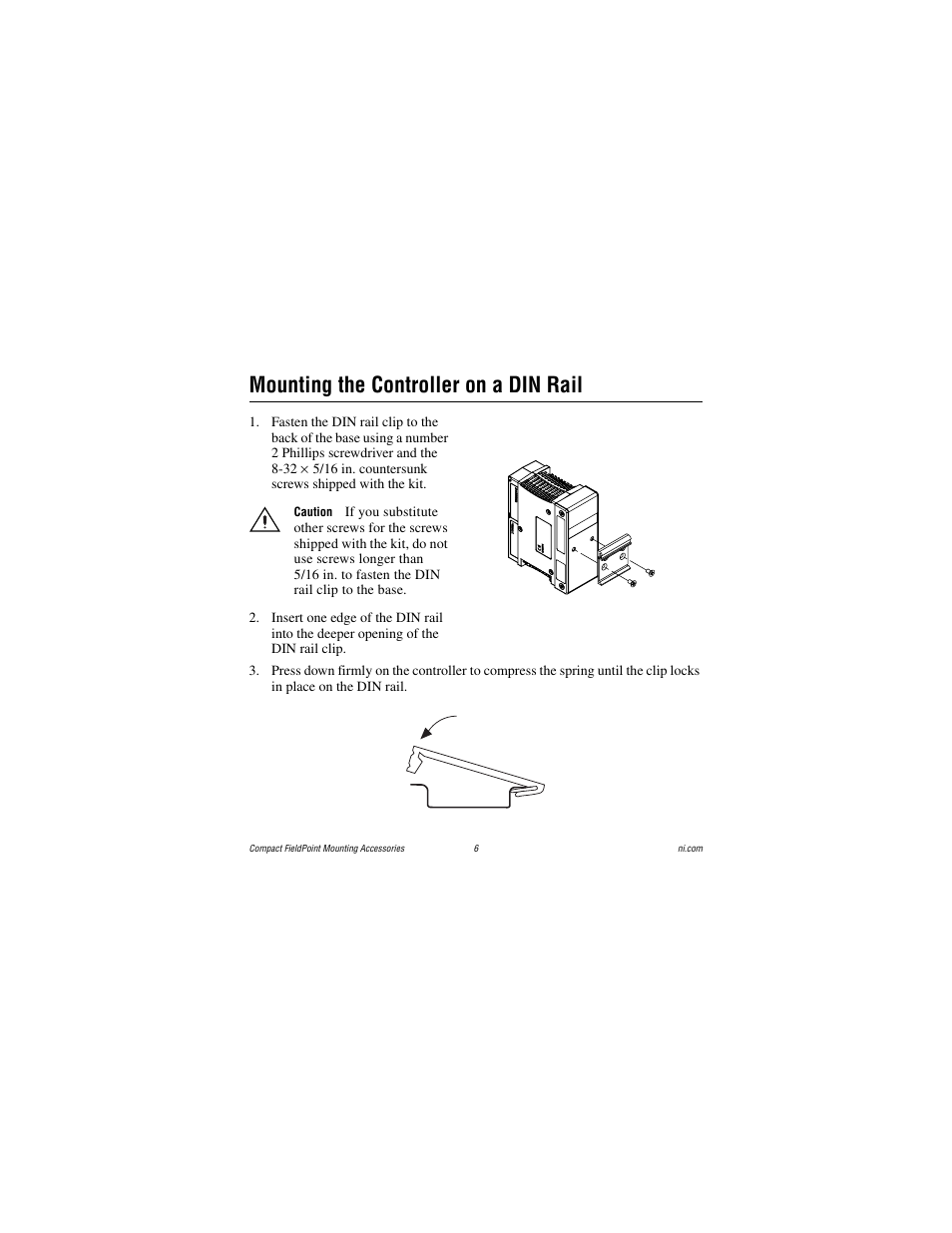 Mounting the controller on a din rail | National Instruments Compact FieldPoint Mounting Accessories cFP-21xx User Manual | Page 6 / 10