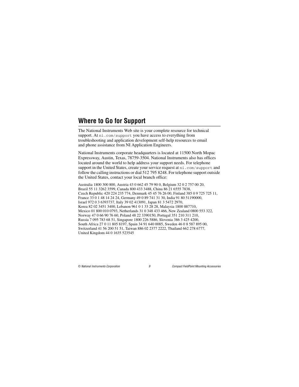 Where to go for support | National Instruments Compact FieldPoint Mounting Accessories cFP-21xx User Manual | Page 9 / 10
