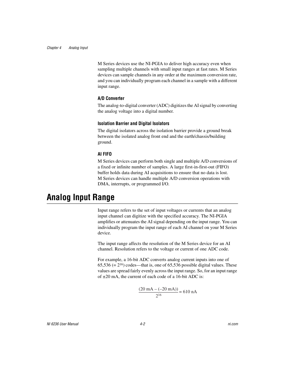Analog input range, Analog input range -2 | National Instruments DAQ M Series User Manual | Page 26 / 162