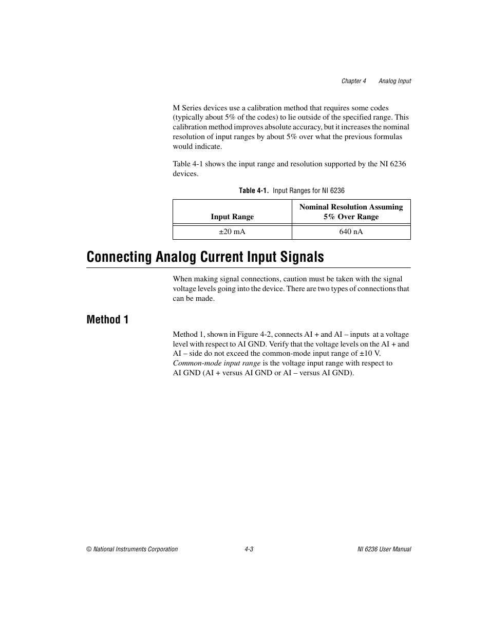 Table 4-1. input ranges for ni 6236, Connecting analog current input signals, Method 1 | Connecting analog current input signals -3, Method 1 -3 | National Instruments DAQ M Series User Manual | Page 27 / 162