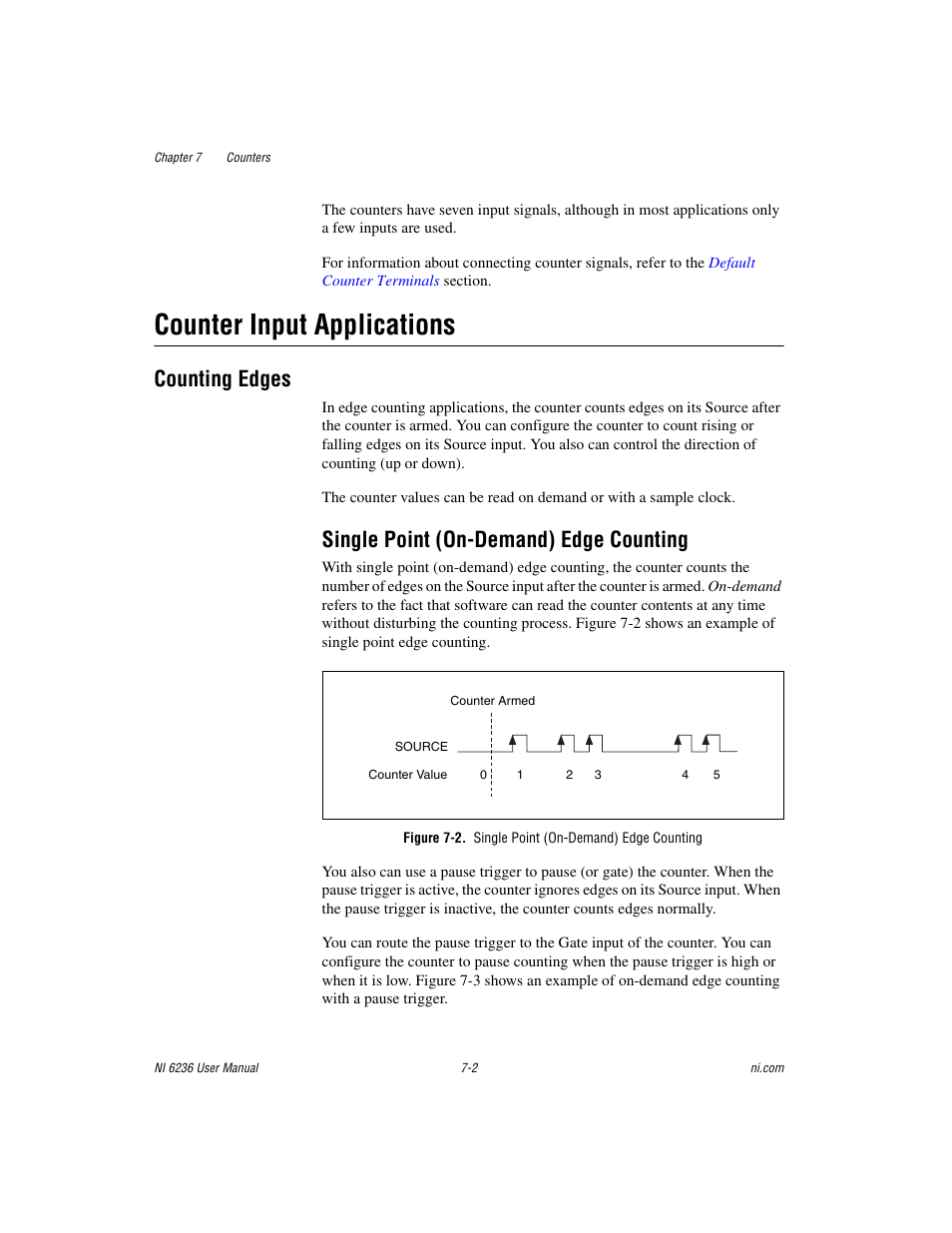 Counter input applications, Counting edges, Single point (on-demand) edge counting | Figure 7-2. single point (on-demand) edge counting, Counter input applications -2, Counting edges -2, Single point (on-demand) edge counting -2 | National Instruments DAQ M Series User Manual | Page 64 / 162