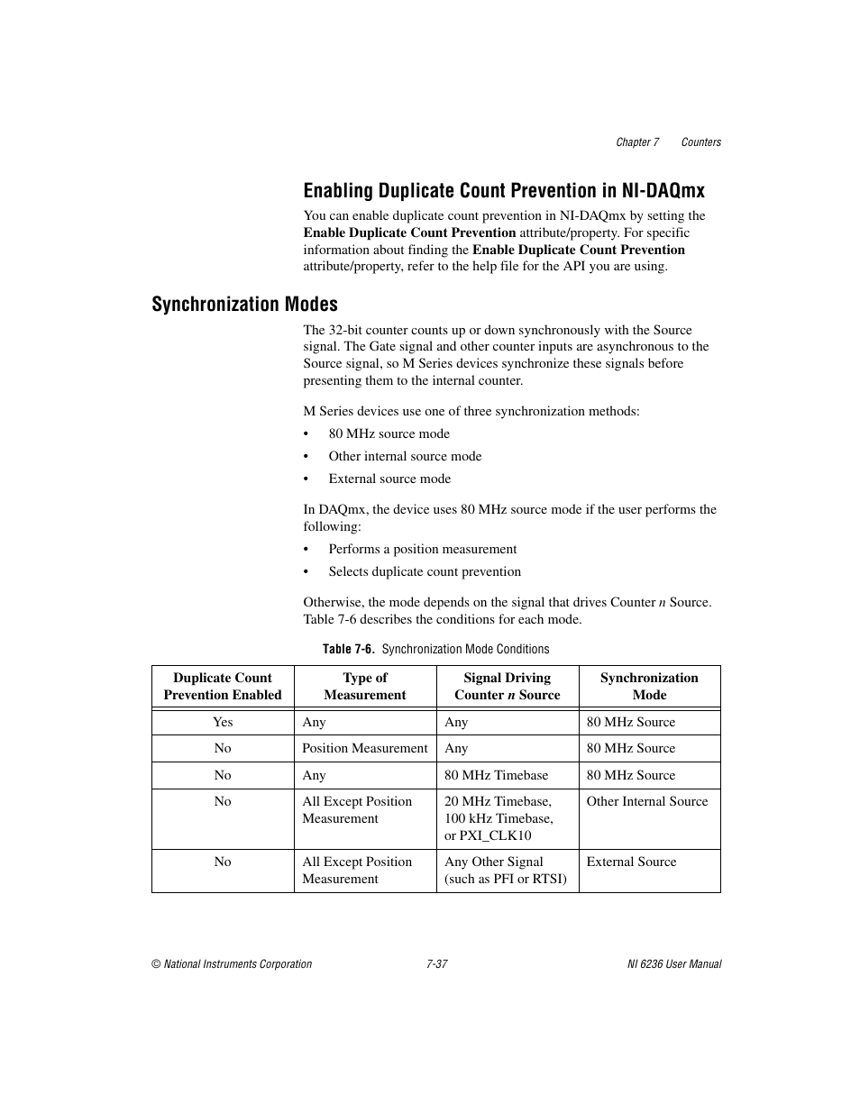 Enabling duplicate count prevention in ni-daqmx, Synchronization modes, Table 7-6. synchronization mode conditions | Synchronization modes -37 | National Instruments DAQ M Series User Manual | Page 99 / 162