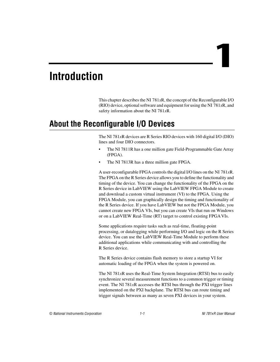 Chapter 1 introduction, About the reconfigurable i/o devices, About the reconfigurable i/o devices -1 | Ter 1, Introduction, For precautions to tak | National Instruments NI 781xR User Manual | Page 10 / 48
