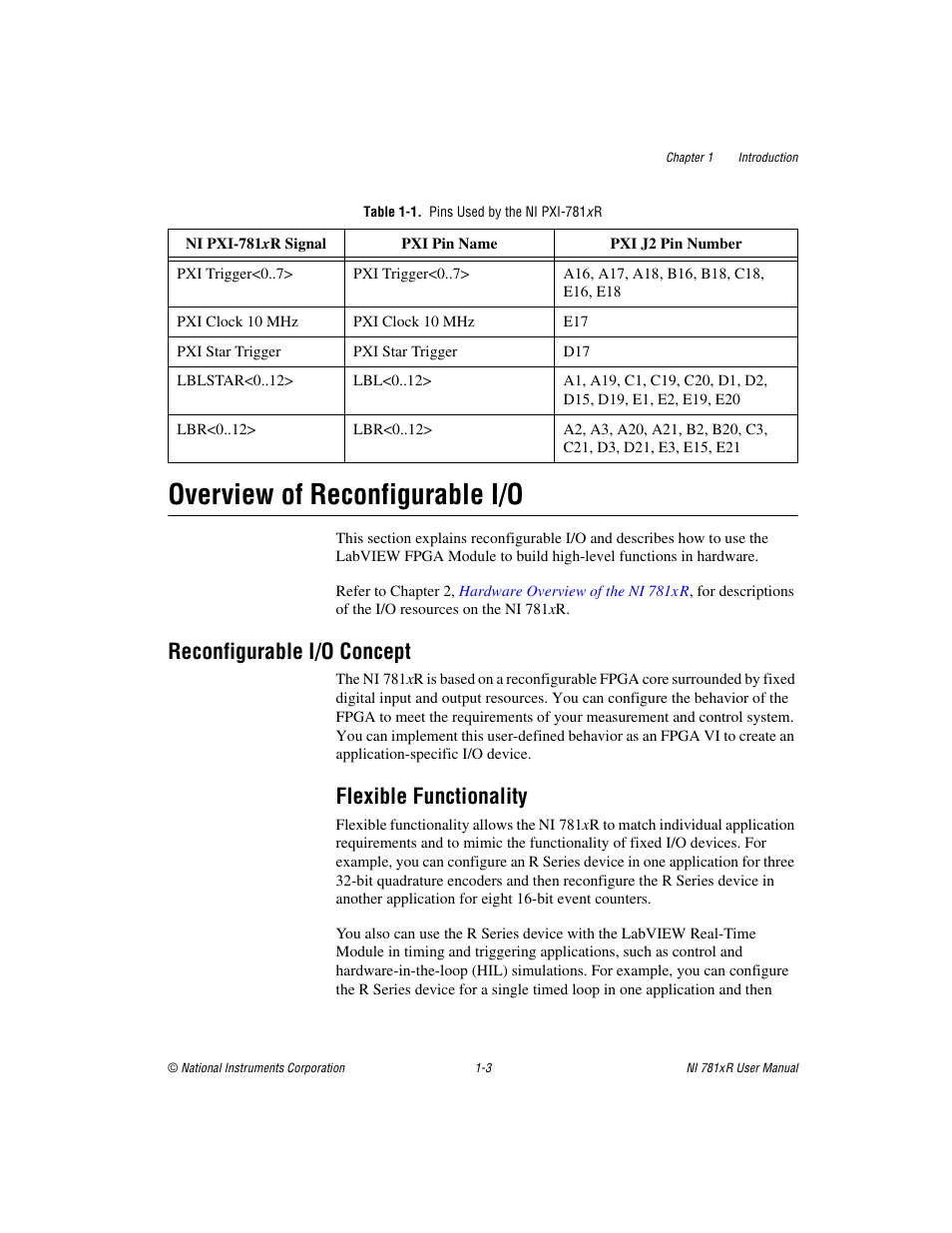 Table 1-1. pins used by the ni pxi-781xr, Overview of reconfigurable i/o, Reconfigurable i/o concept | Flexible functionality, Overview of reconfigurable i/o -3, Reconfigurable i/o concept -3, Flexible functionality -3 | National Instruments NI 781xR User Manual | Page 12 / 48