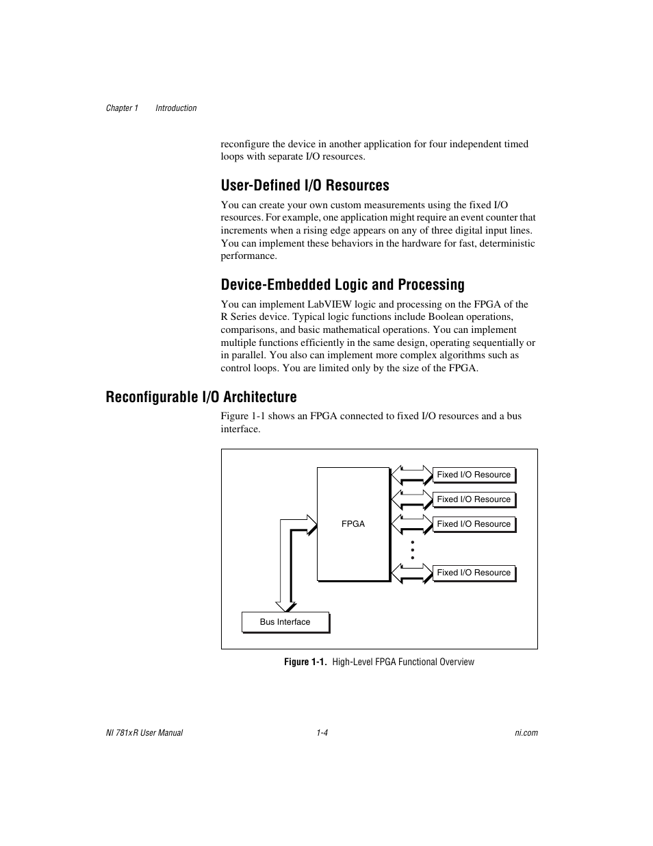 User-defined i/o resources, Device-embedded logic and processing, Reconfigurable i/o architecture | Figure 1-1. high-level fpga functional overview, Reconfigurable i/o architecture -4 | National Instruments NI 781xR User Manual | Page 13 / 48