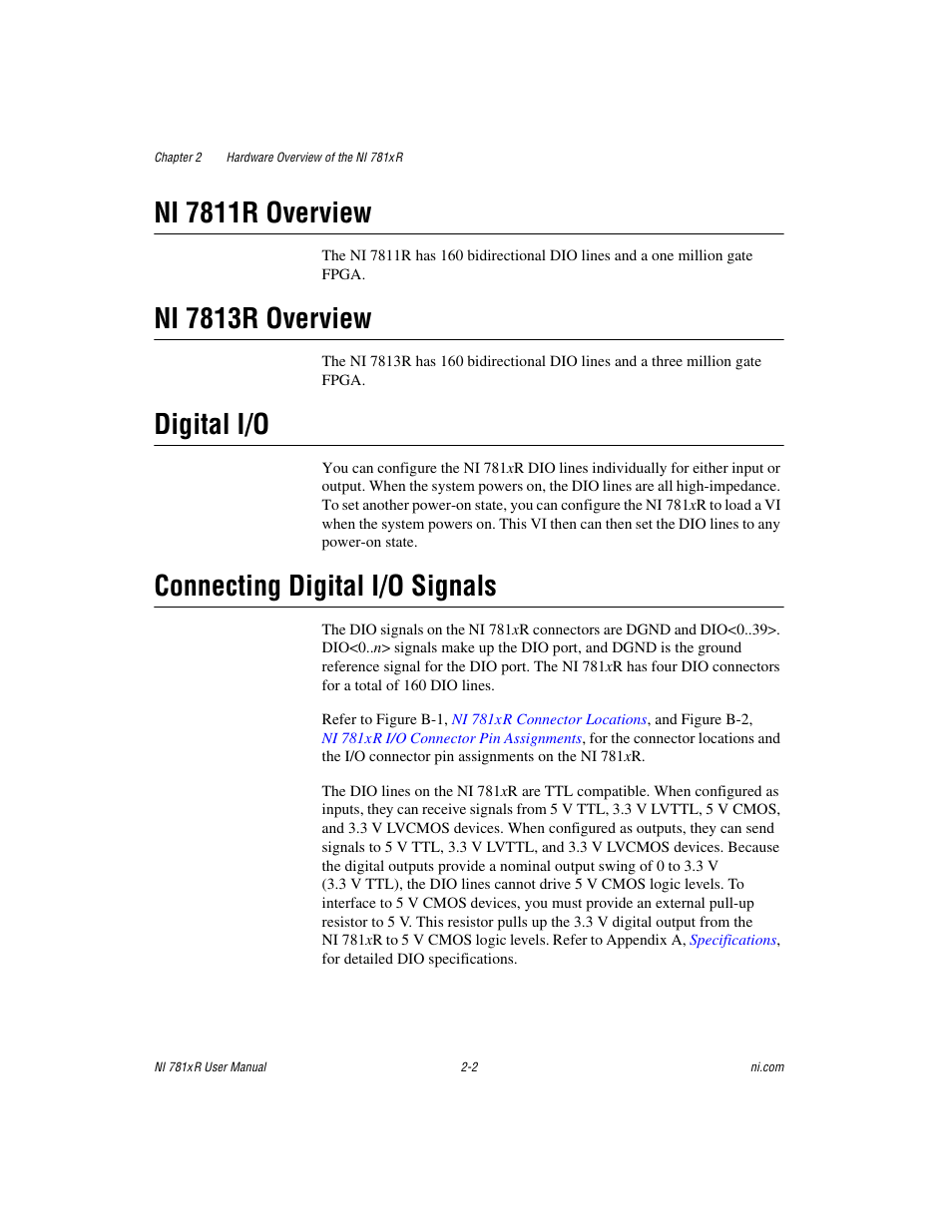 Ni 7811r overview, Ni 7813r overview, Digital i/o | Connecting digital i/o signals | National Instruments NI 781xR User Manual | Page 20 / 48