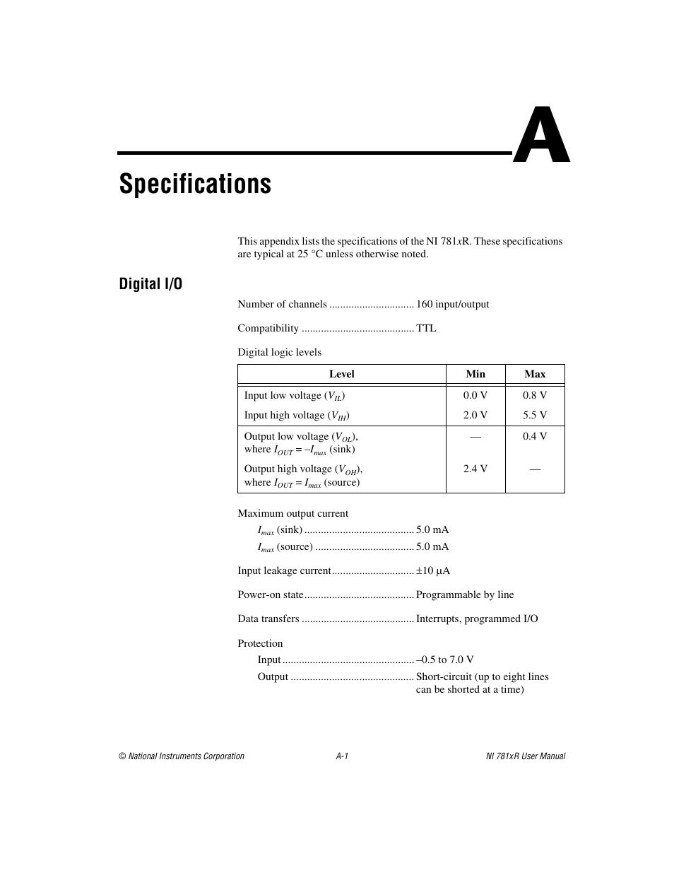 Appendix a specifications, Specifications, For det | Measurement, Digital i/o | National Instruments NI 781xR User Manual | Page 28 / 48