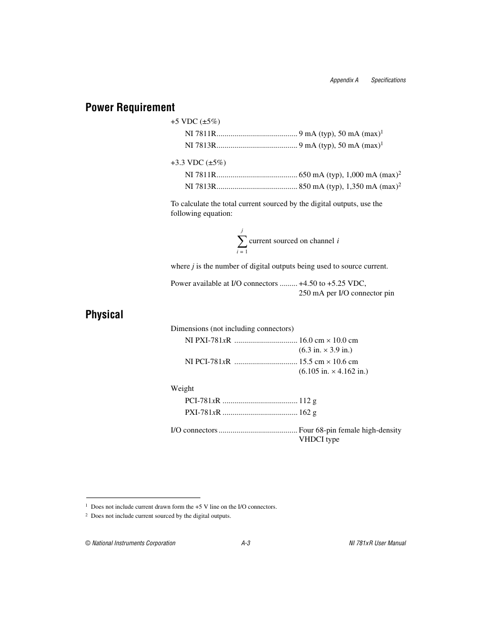 Power requirement, Physical | National Instruments NI 781xR User Manual | Page 30 / 48