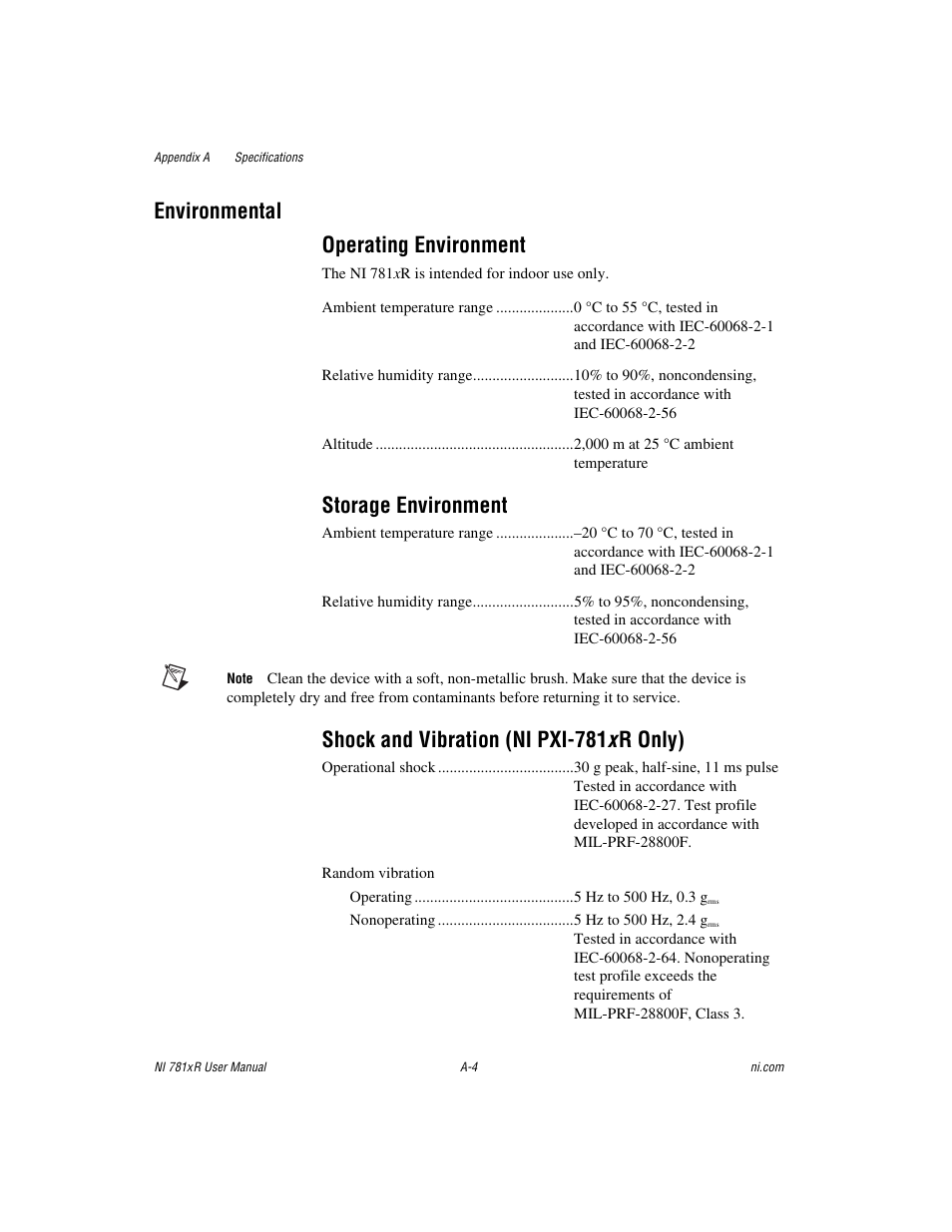 Environmental, Environmental operating environment, Storage environment | Shock and vibration (ni pxi-781 x r only) | National Instruments NI 781xR User Manual | Page 31 / 48