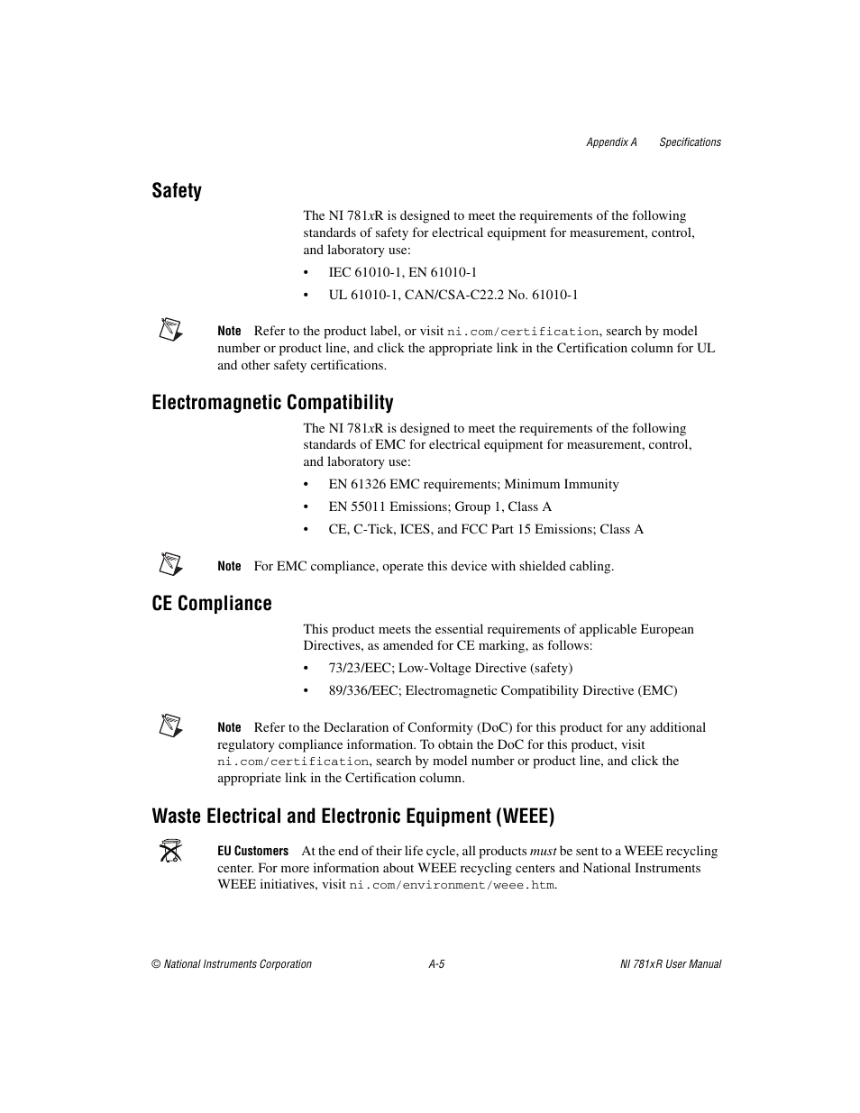 Safety, Electromagnetic compatibility, Ce compliance | Waste electrical and electronic equipment (weee) | National Instruments NI 781xR User Manual | Page 32 / 48