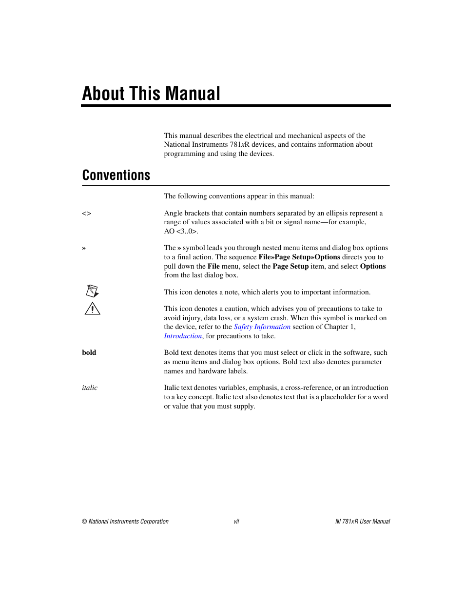 About this manual, Conventions | National Instruments NI 781xR User Manual | Page 7 / 48
