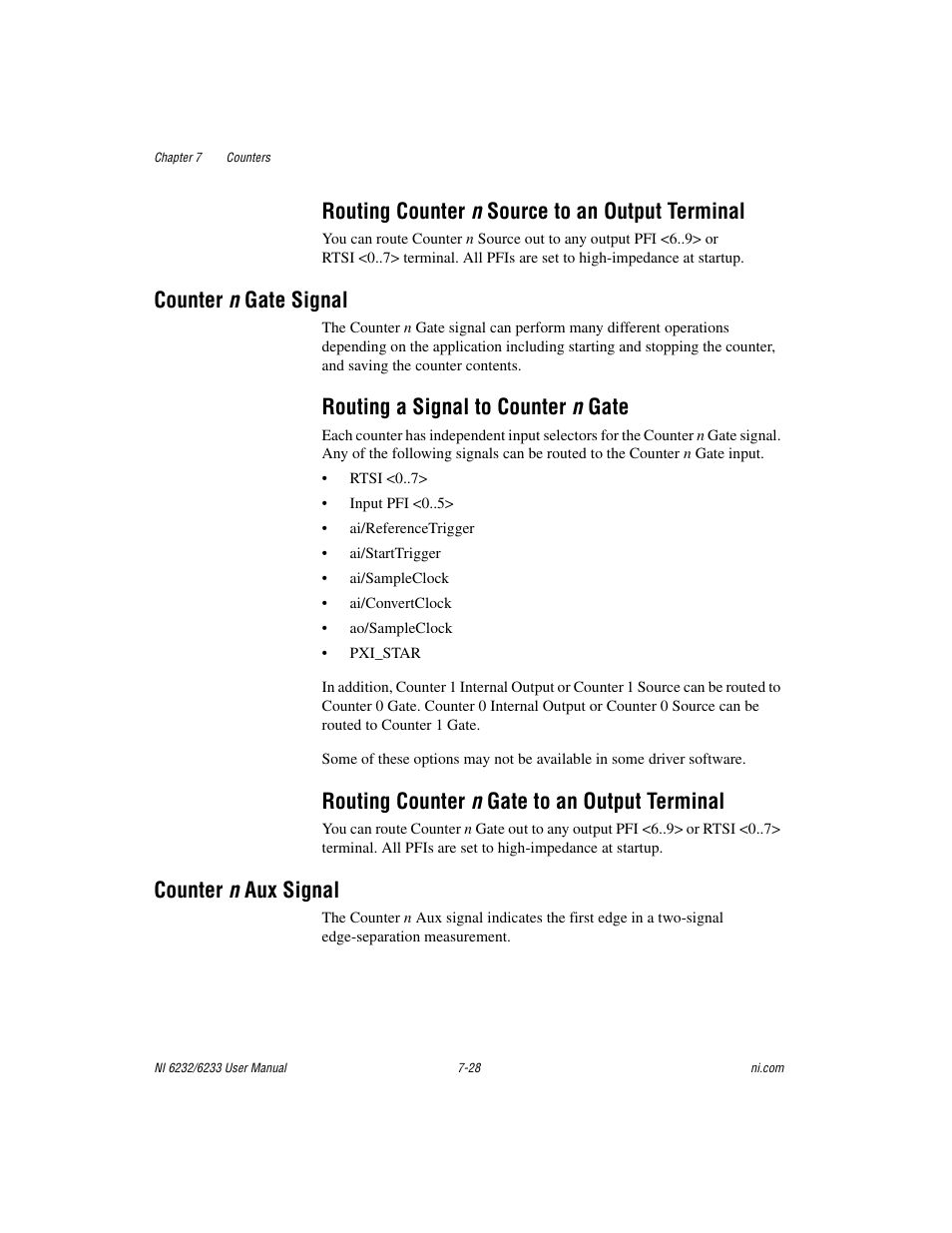 Routing counter n source to an output terminal, Counter n gate signal, Routing a signal to counter n gate | Routing counter n gate to an output terminal, Counter n aux signal, Routing counter n source to an output terminal -28, Counter n gate signal -28, Counter n aux signal -28 | National Instruments NI 6232 User Manual | Page 101 / 180