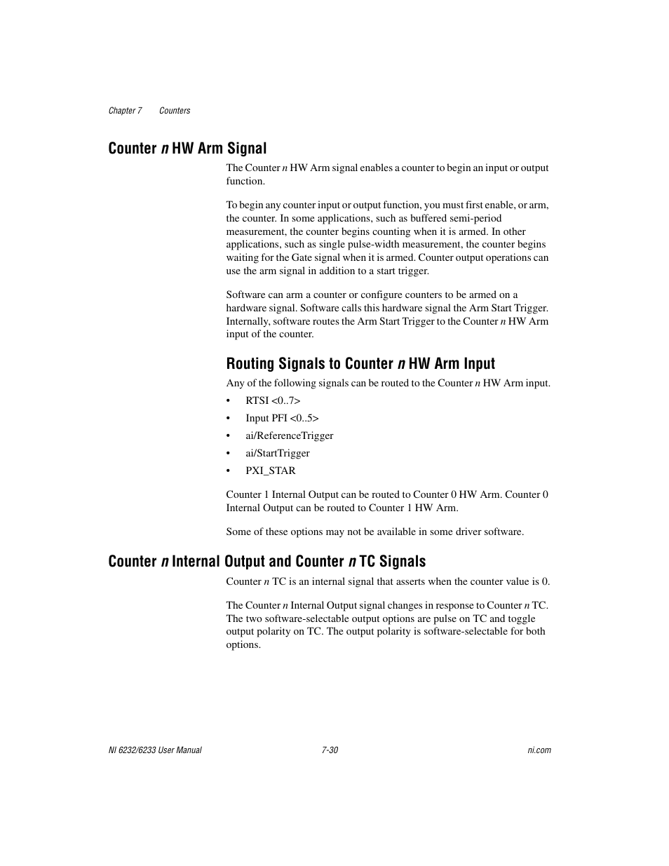 Counter n hw arm signal, Routing signals to counter n hw arm input, Counter n internal output and counter n tc signals | Counter n hw arm signal -30, Routing signals to counter n hw arm input -30 | National Instruments NI 6232 User Manual | Page 103 / 180