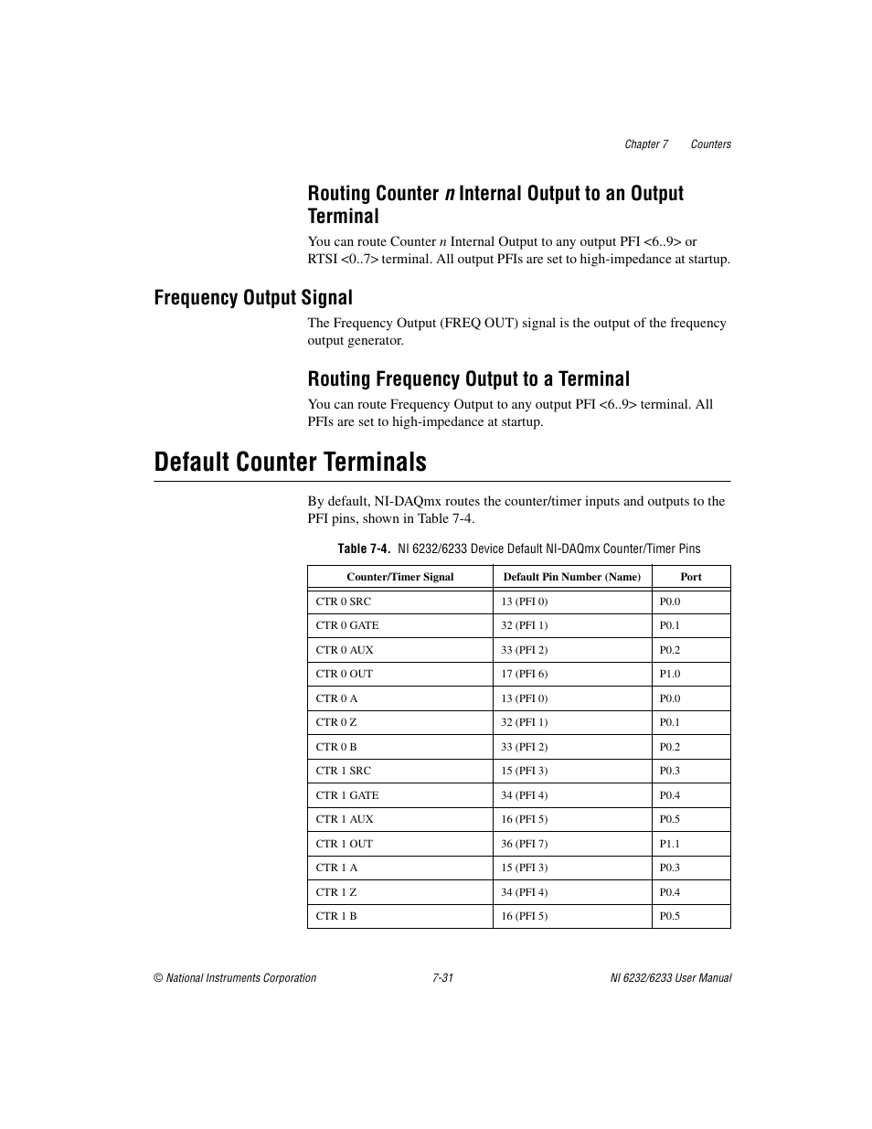 Frequency output signal, Routing frequency output to a terminal, Default counter terminals | Frequency output signal -31, Routing frequency output to a terminal -31, Default counter terminals -31, To the, Default counter, Terminals, Section | National Instruments NI 6232 User Manual | Page 104 / 180