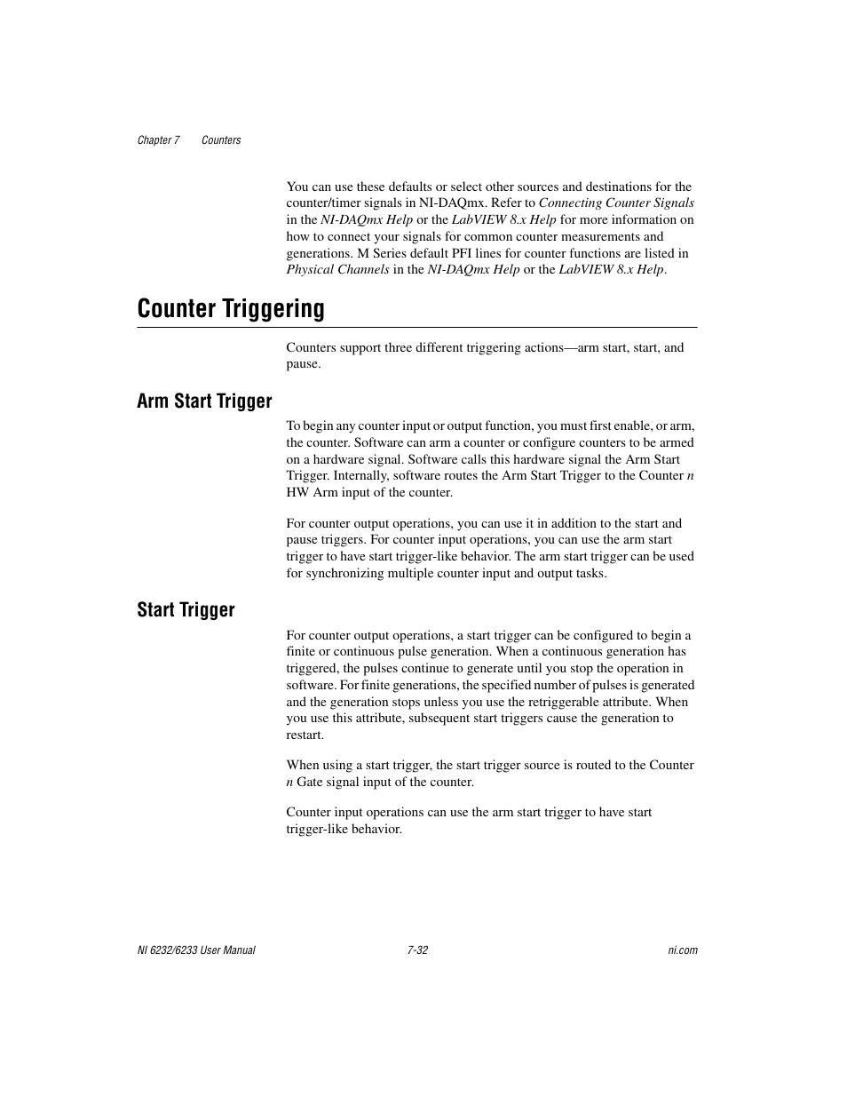 Counter triggering, Arm start trigger, Start trigger | Counter triggering -32, Arm start trigger -32 start trigger -32 | National Instruments NI 6232 User Manual | Page 105 / 180