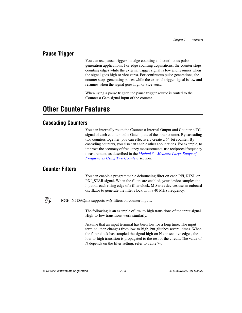 Pause trigger, Other counter features, Cascading counters | Counter filters, Pause trigger -33, Other counter features -33, Cascading counters -33 counter filters -33 | National Instruments NI 6232 User Manual | Page 106 / 180