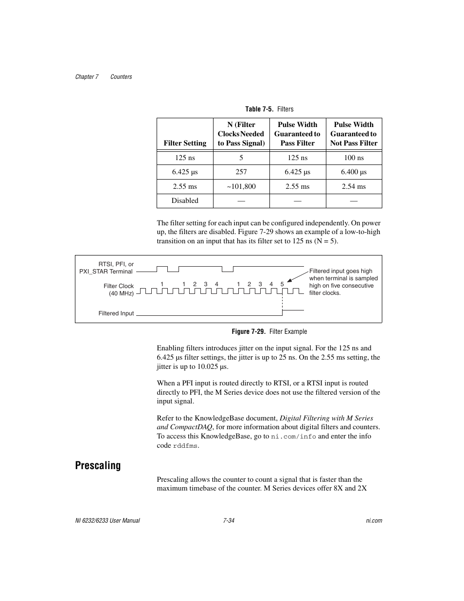 Table 7-5. filters, Figure 7-29. filter example, Prescaling | Prescaling -34, Ble 7-5 | National Instruments NI 6232 User Manual | Page 107 / 180