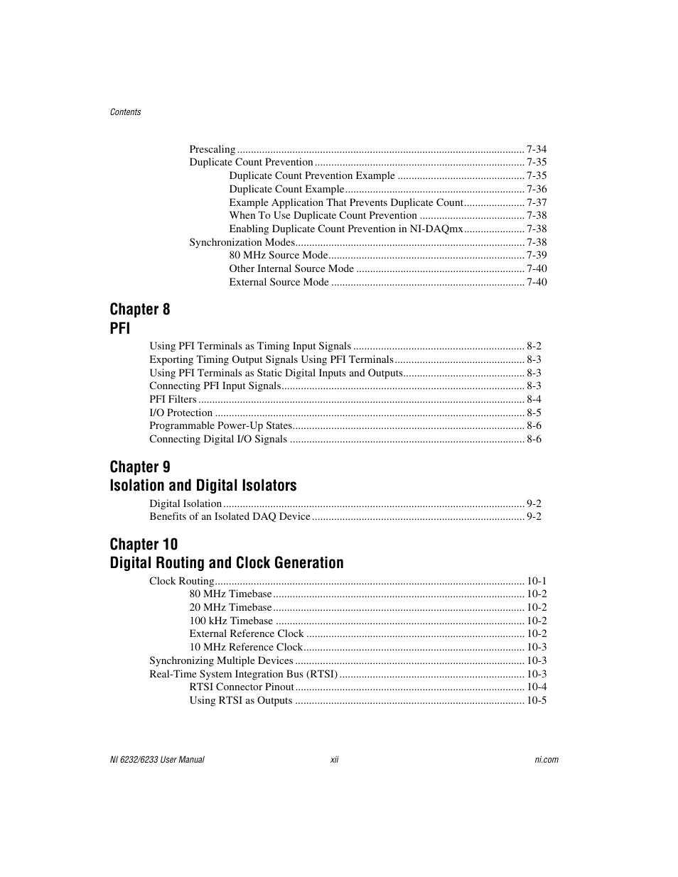 Chapter 8 pfi, Chapter 9 isolation and digital isolators, Chapter 10 digital routing and clock generation | National Instruments NI 6232 User Manual | Page 11 / 180