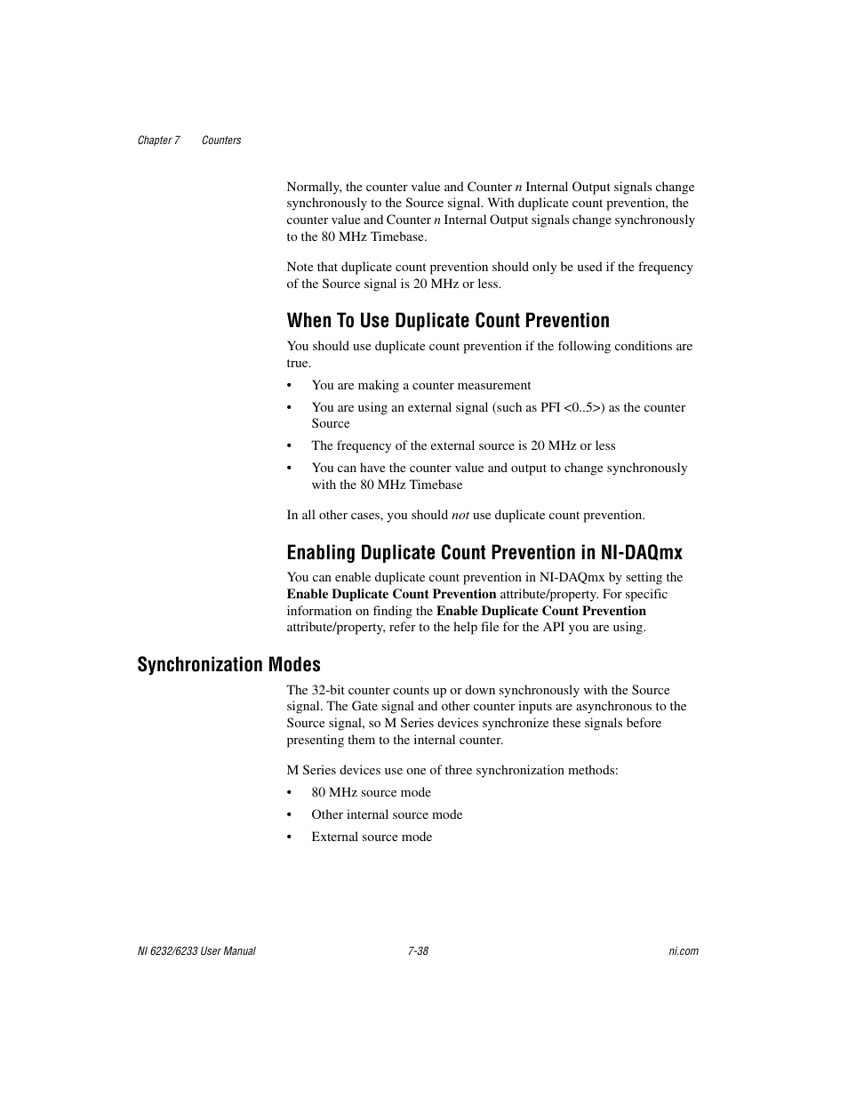 When to use duplicate count prevention, Enabling duplicate count prevention in ni-daqmx, Synchronization modes | Synchronization modes -38 | National Instruments NI 6232 User Manual | Page 111 / 180