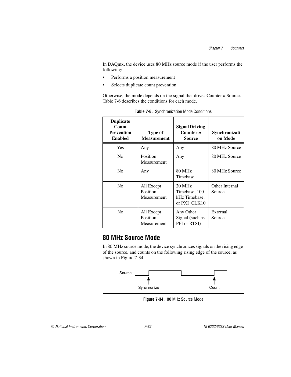 Table 7-6. synchronization mode conditions, 80 mhz source mode, Figure 7-34. 80 mhz source mode | 80 mhz source mode -39 | National Instruments NI 6232 User Manual | Page 112 / 180