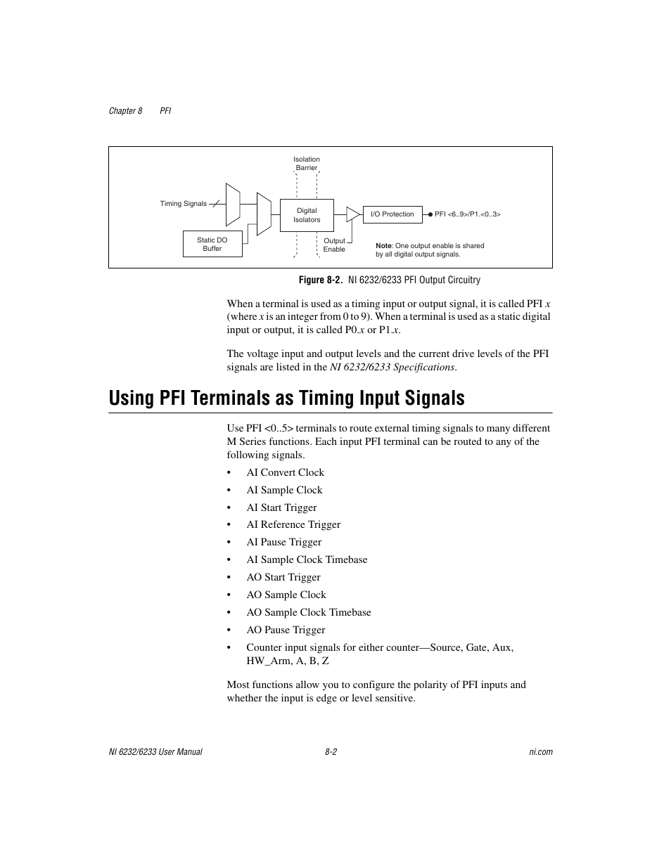 Figure 8-2. ni 6232/6233 pfi output circuitry, Using pfi terminals as timing input signals, Using pfi terminals as timing input signals -2 | National Instruments NI 6232 User Manual | Page 115 / 180