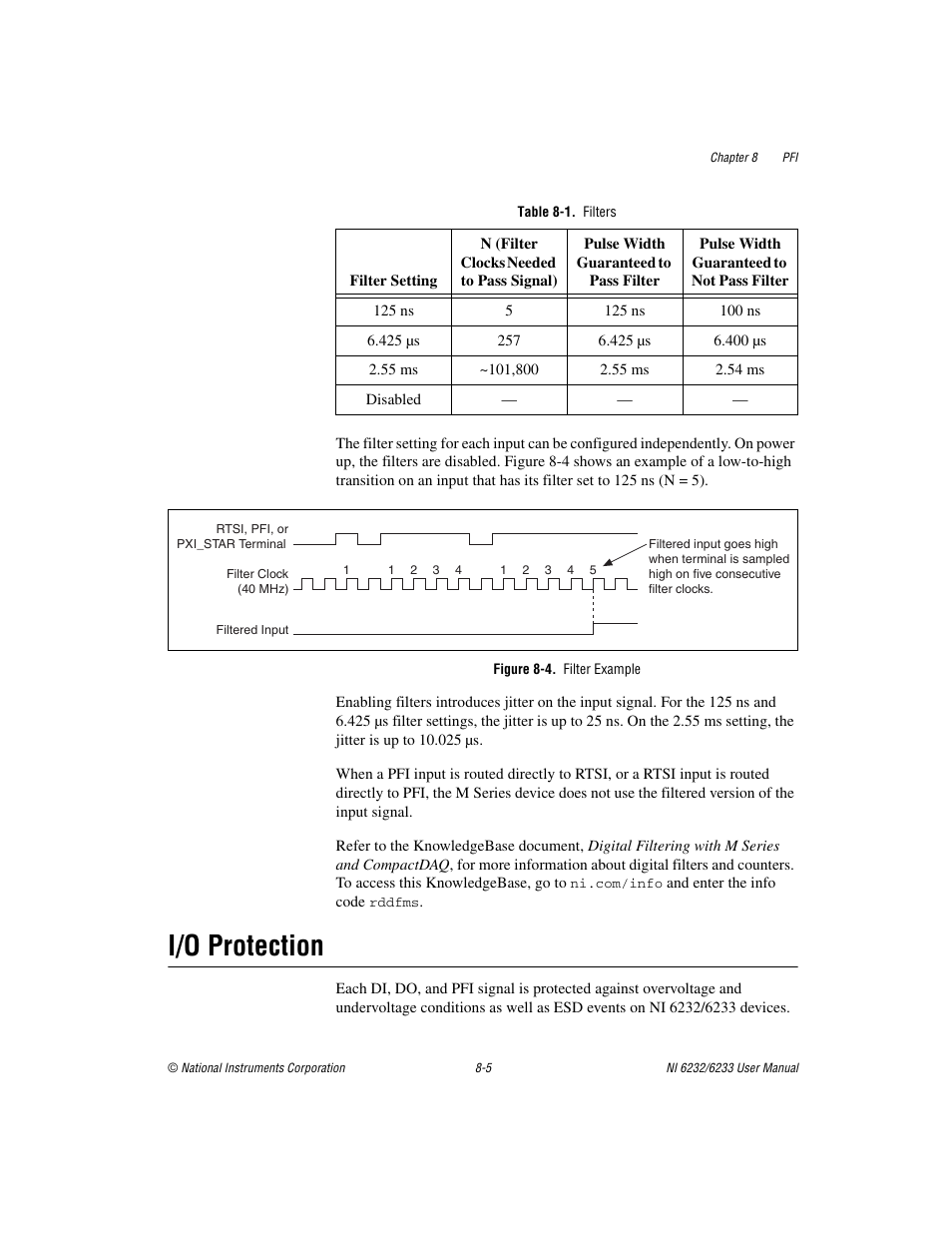 Table 8-1. filters, Figure 8-4. filter example, I/o protection | I/o protection -5 | National Instruments NI 6232 User Manual | Page 118 / 180