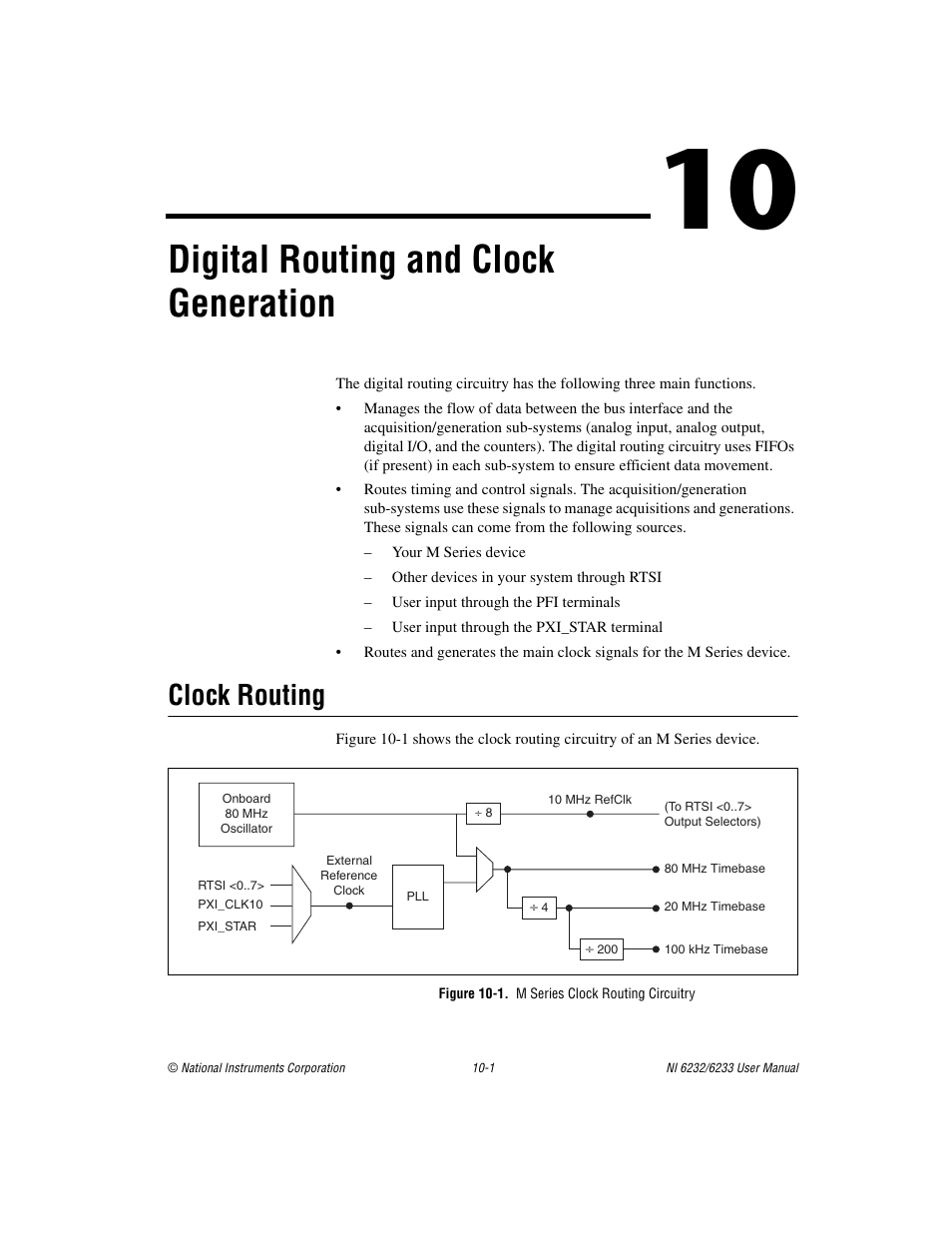 Chapter 10 digital routing and clock generation, Clock routing, Figure 10-1. m series clock routing circuitry | Clock routing -1, Ter 10, Digital routing, And clock generation, Apter 10, Digital, Routing and clock generation | National Instruments NI 6232 User Manual | Page 124 / 180