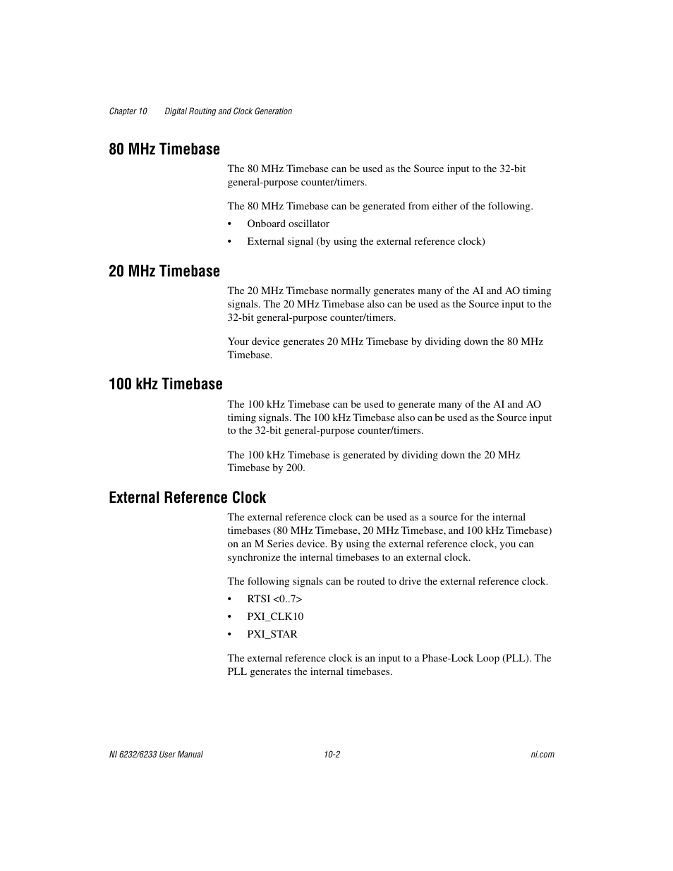 80 mhz timebase, 20 mhz timebase, 100 khz timebase | External reference clock | National Instruments NI 6232 User Manual | Page 125 / 180