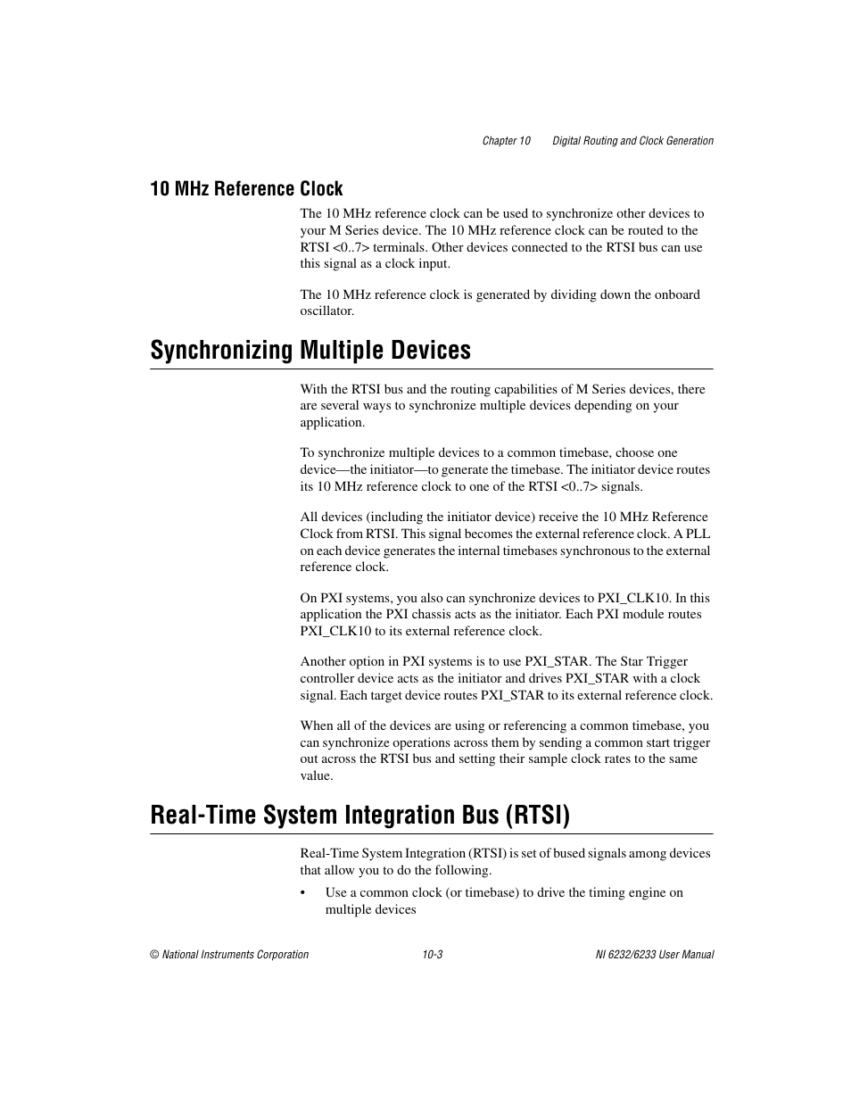 10 mhz reference clock, Synchronizing multiple devices, Real-time system integration bus (rtsi) | 10 mhz reference clock -3 | National Instruments NI 6232 User Manual | Page 126 / 180