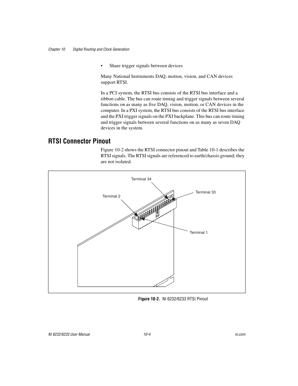 Rtsi connector pinout, Figure 10-2. ni 6232/6233 rtsi pinout, Rtsi connector pinout -4 | National Instruments NI 6232 User Manual | Page 127 / 180