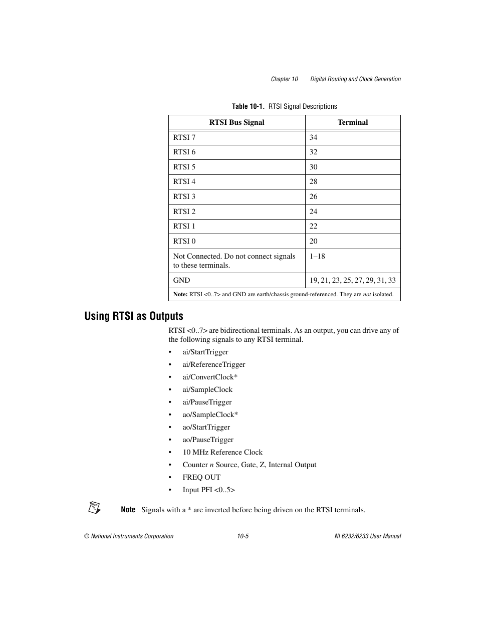 Table 10-1. rtsi signal descriptions, Using rtsi as outputs, Using rtsi as outputs -5 | National Instruments NI 6232 User Manual | Page 128 / 180