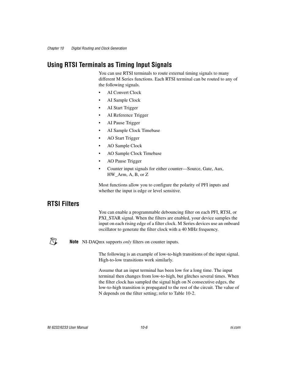 Using rtsi terminals as timing input signals, Rtsi filters | National Instruments NI 6232 User Manual | Page 129 / 180