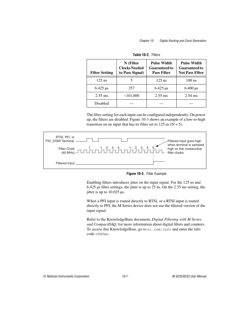 Table 10-2. filters, Figure 10-3. filter example | National Instruments NI 6232 User Manual | Page 130 / 180