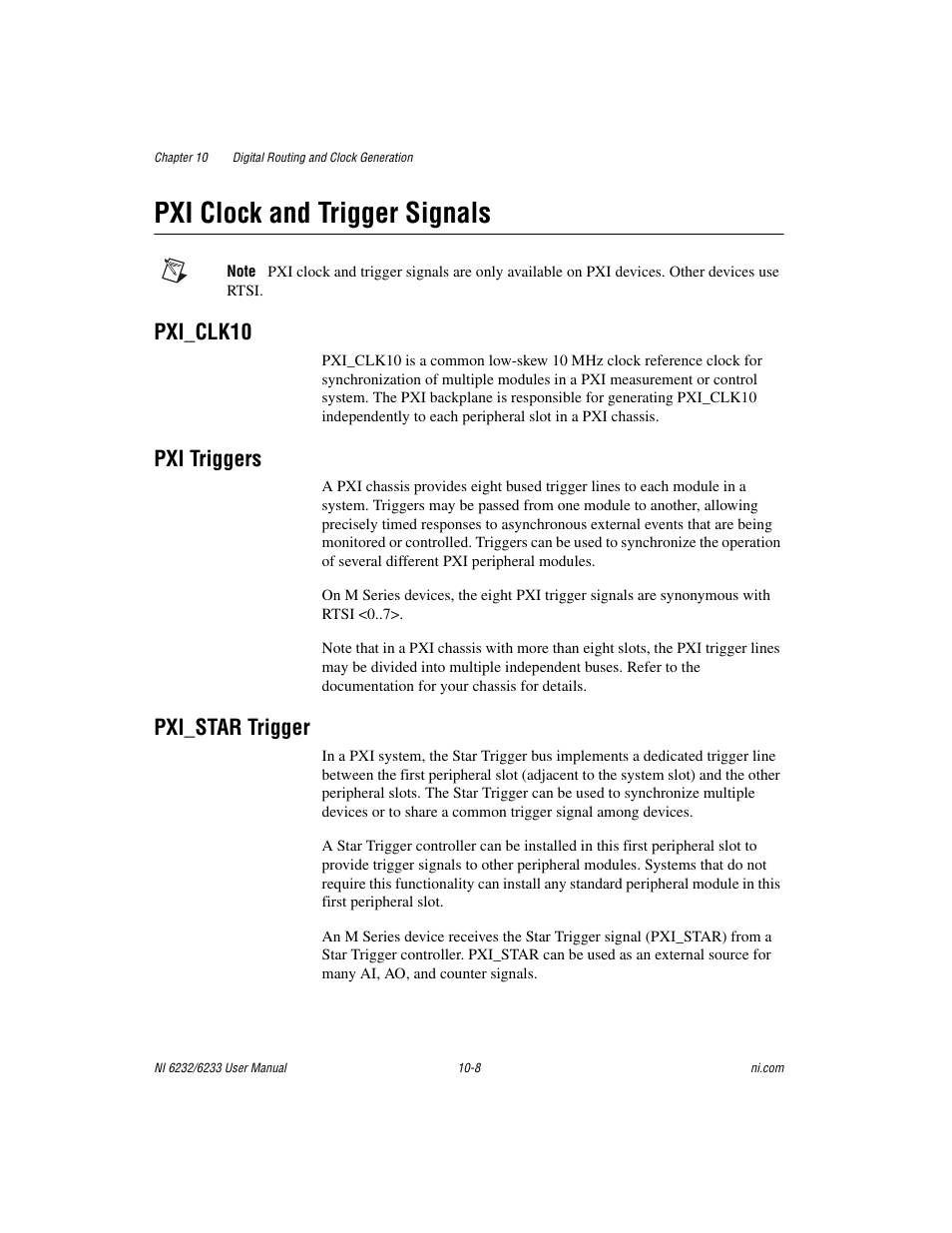 Pxi clock and trigger signals, Pxi_clk10, Pxi triggers | Pxi_star trigger, Pxi clock and trigger signals -8, Pxi_clk10 -8 pxi triggers -8 pxi_star trigger -8 | National Instruments NI 6232 User Manual | Page 131 / 180