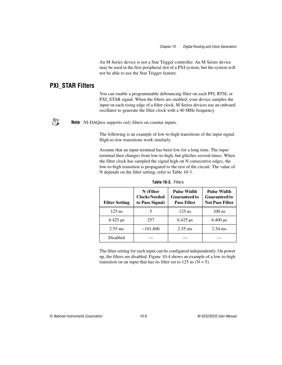 Pxi_star filters, Table 10-3. filters, Pxi_star filters -9 | National Instruments NI 6232 User Manual | Page 132 / 180