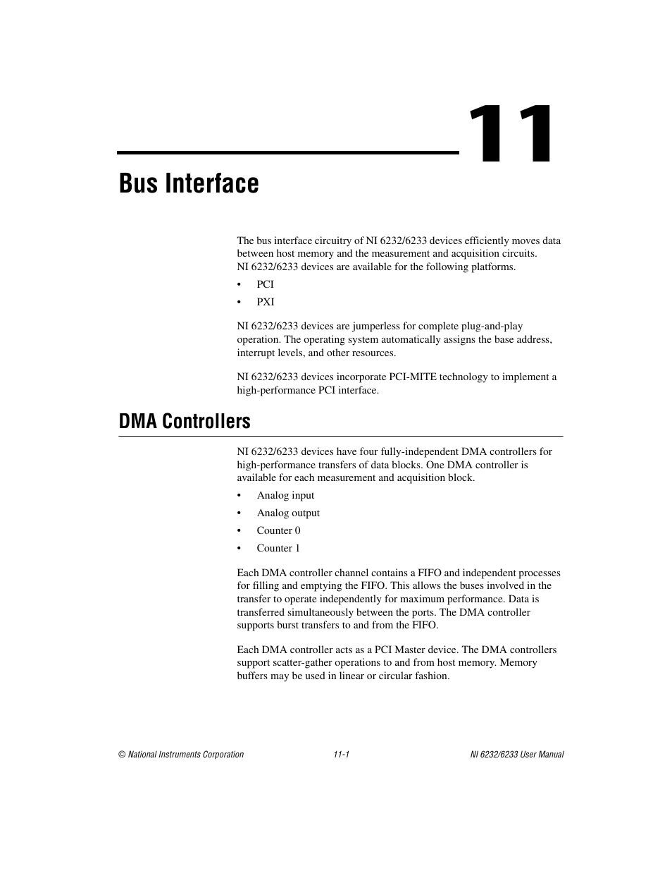 Chapter 11 bus interface, Dma controllers, Dma controllers -1 | Bus interface | National Instruments NI 6232 User Manual | Page 134 / 180