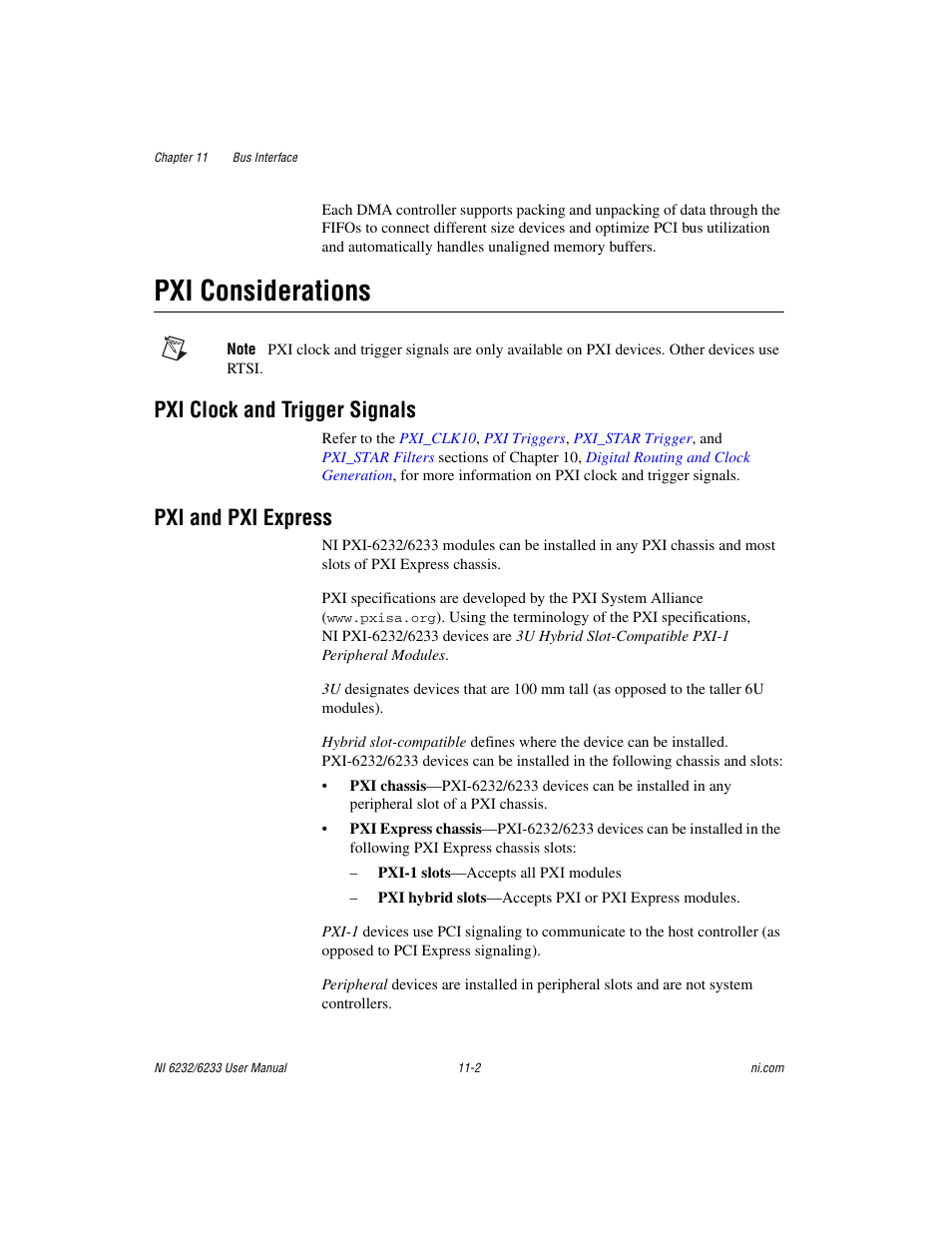 Pxi considerations, Pxi clock and trigger signals, Pxi and pxi express | Pxi considerations -2 | National Instruments NI 6232 User Manual | Page 135 / 180