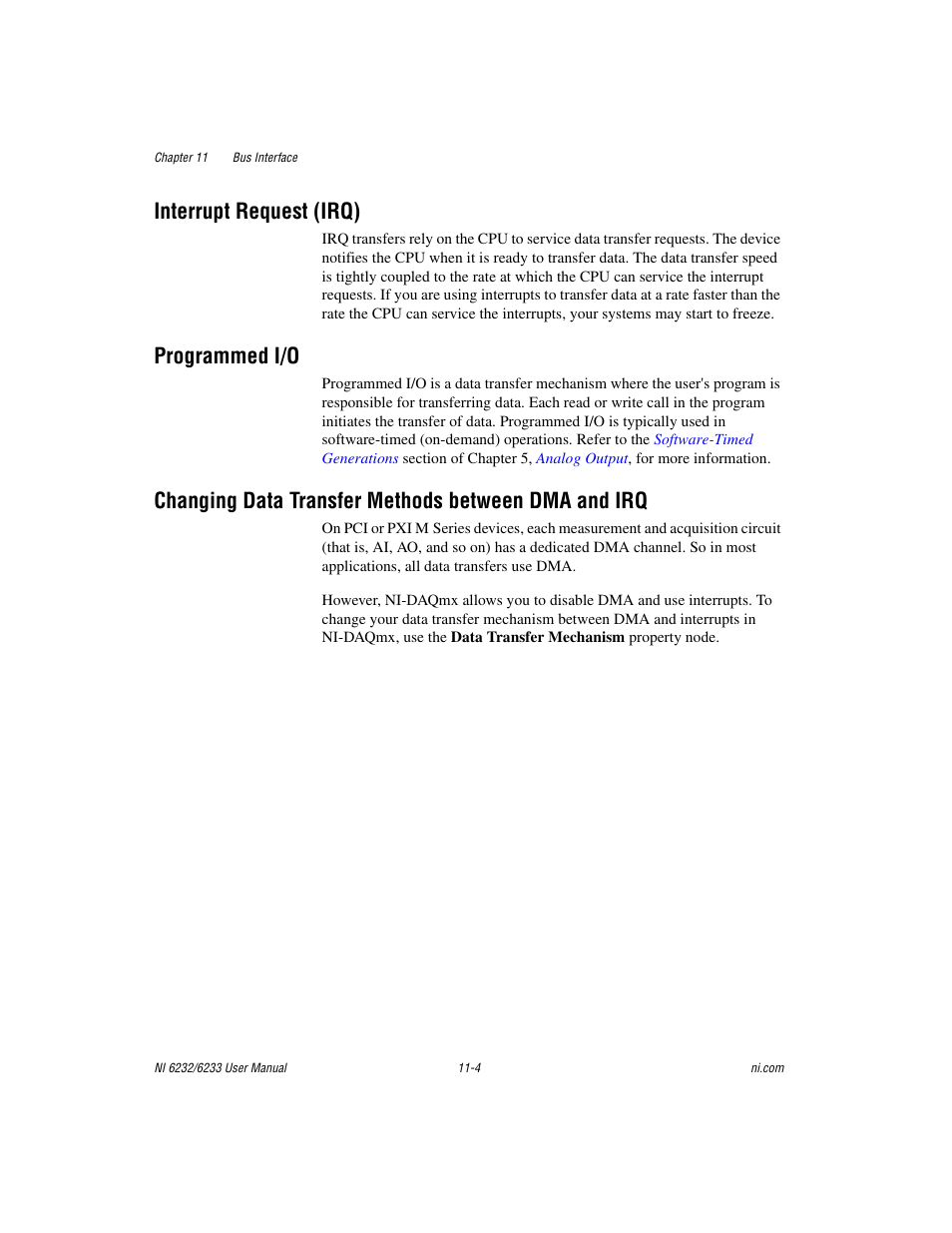Interrupt request (irq), Programmed i/o, Changing data transfer methods between dma and irq | National Instruments NI 6232 User Manual | Page 137 / 180