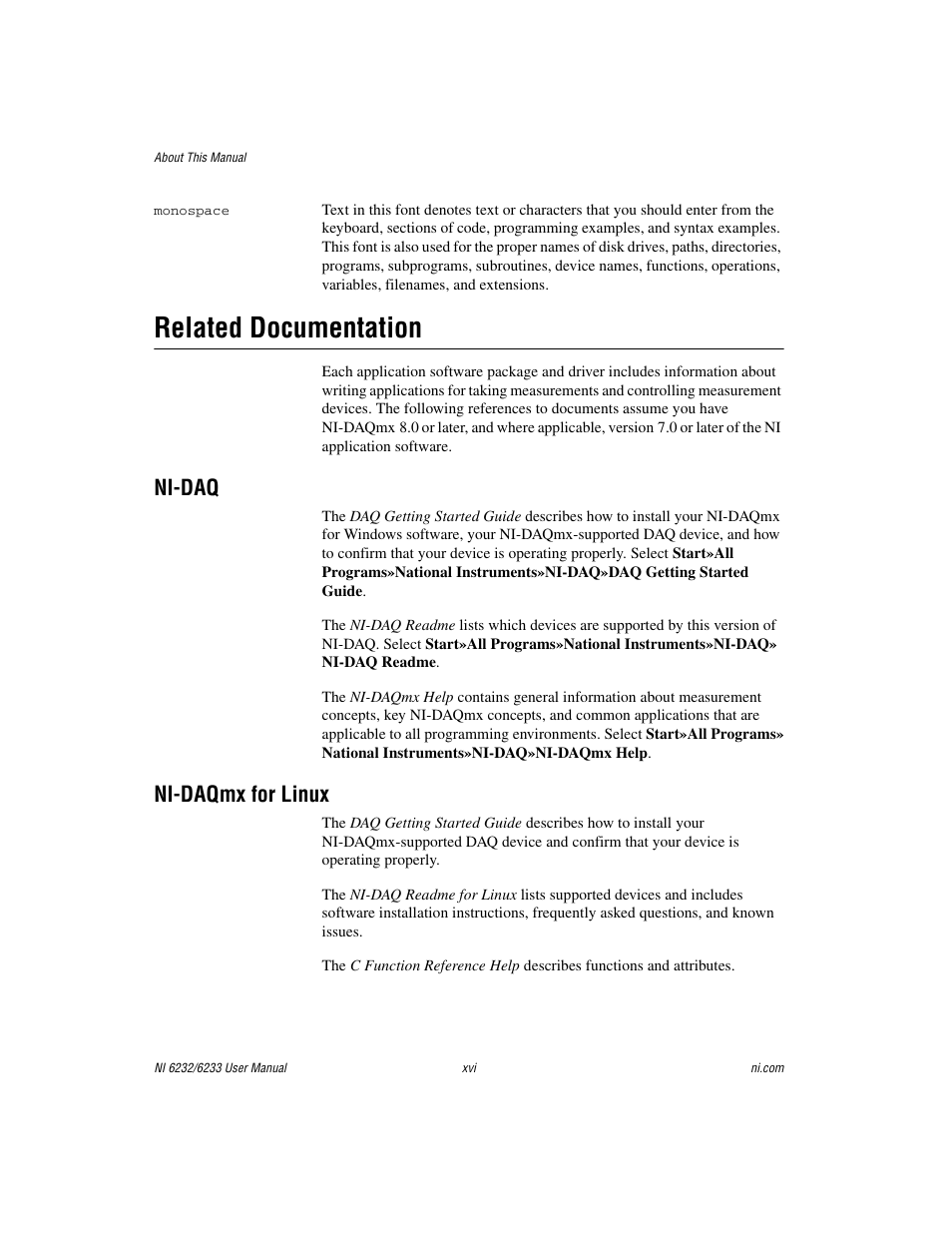 Related documentation, Ni-daq, Ni-daqmx for linux | National Instruments NI 6232 User Manual | Page 14 / 180