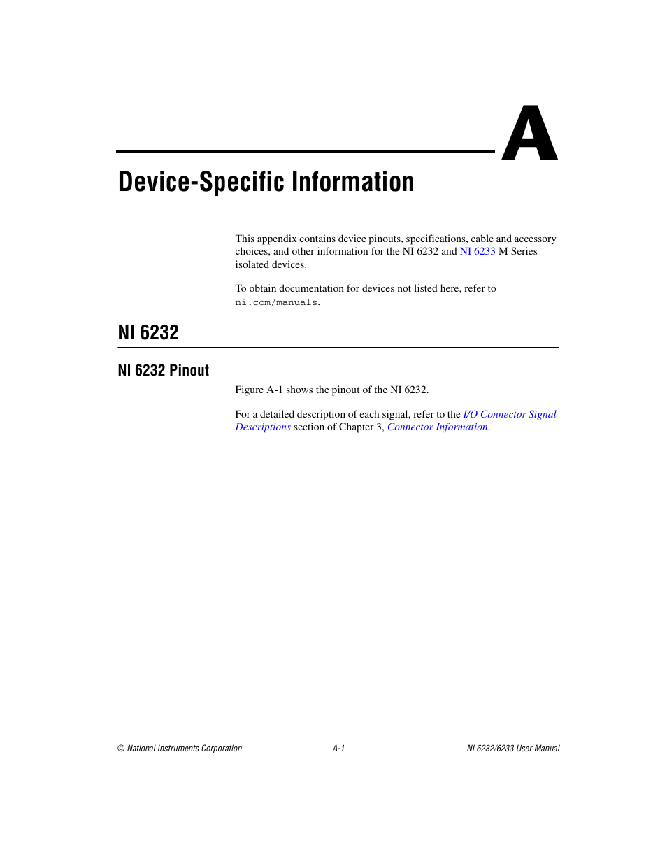 Appendix a device-specific information, Device-specific information, For information on | Ni 6232 | National Instruments NI 6232 User Manual | Page 140 / 180