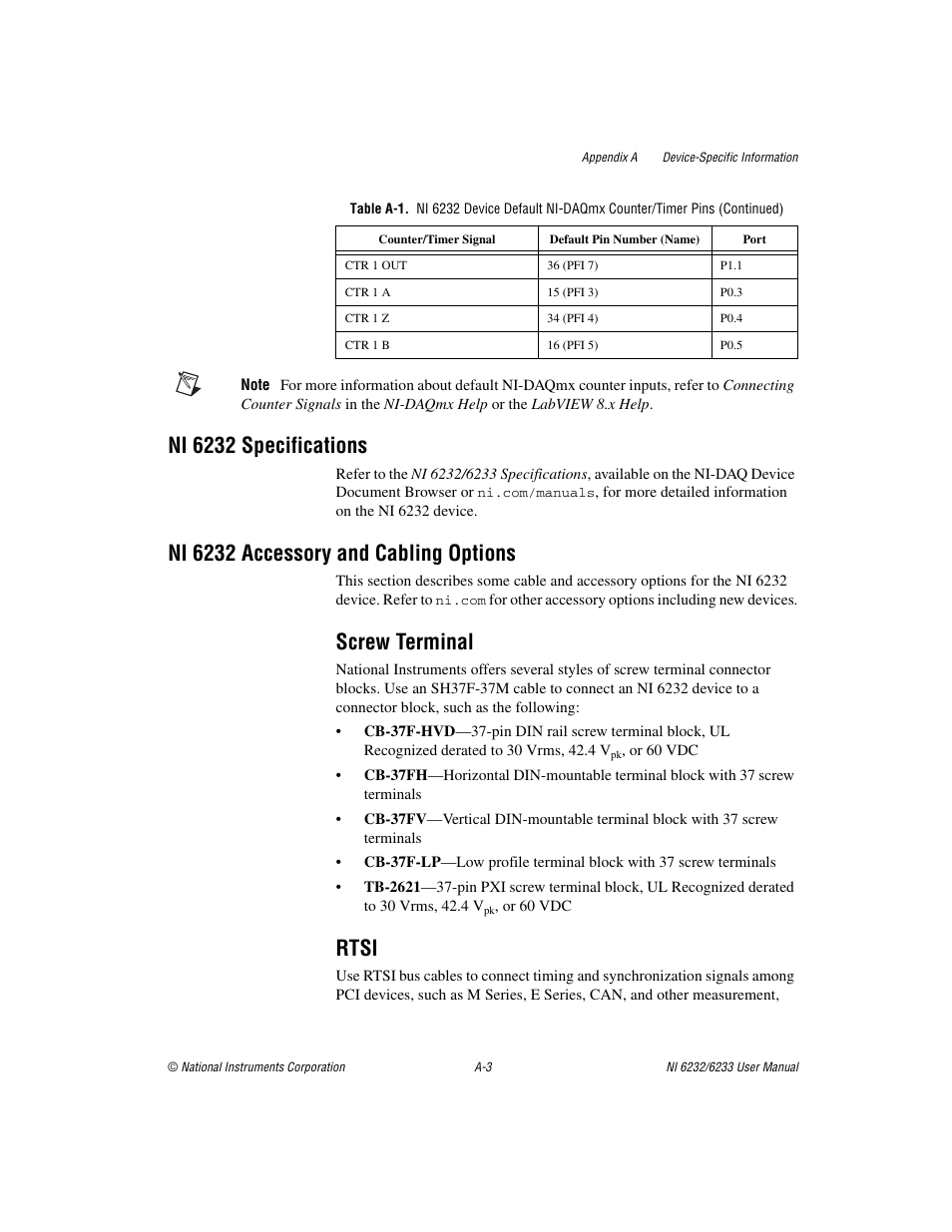 Ni 6232 specifications, Ni 6232 accessory and cabling options, Screw terminal | Rtsi | National Instruments NI 6232 User Manual | Page 142 / 180