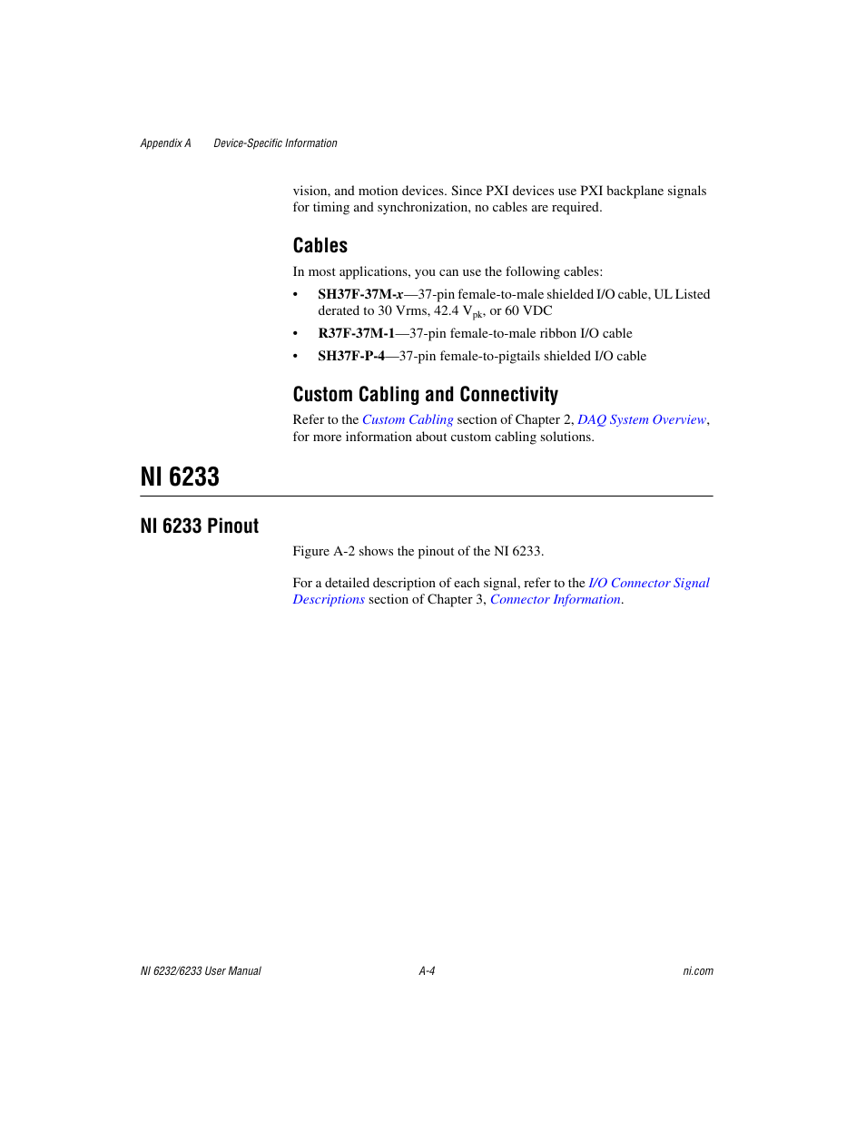 Ni 6233, Cables, Custom cabling and connectivity | Ni 6233 pinout | National Instruments NI 6232 User Manual | Page 143 / 180