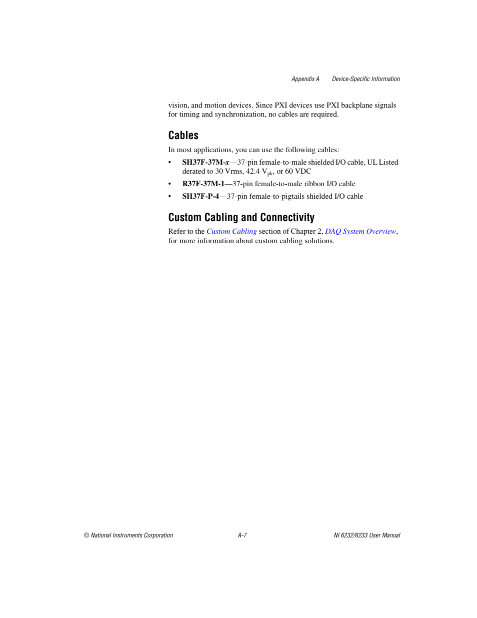Cables, Custom cabling and connectivity | National Instruments NI 6232 User Manual | Page 146 / 180