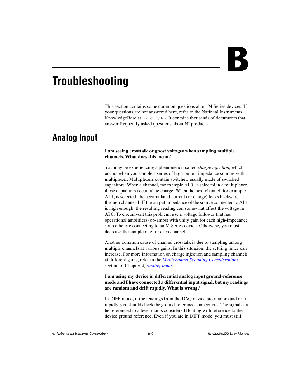 Appendix b troubleshooting, Troubleshooting, Analog input | National Instruments NI 6232 User Manual | Page 147 / 180