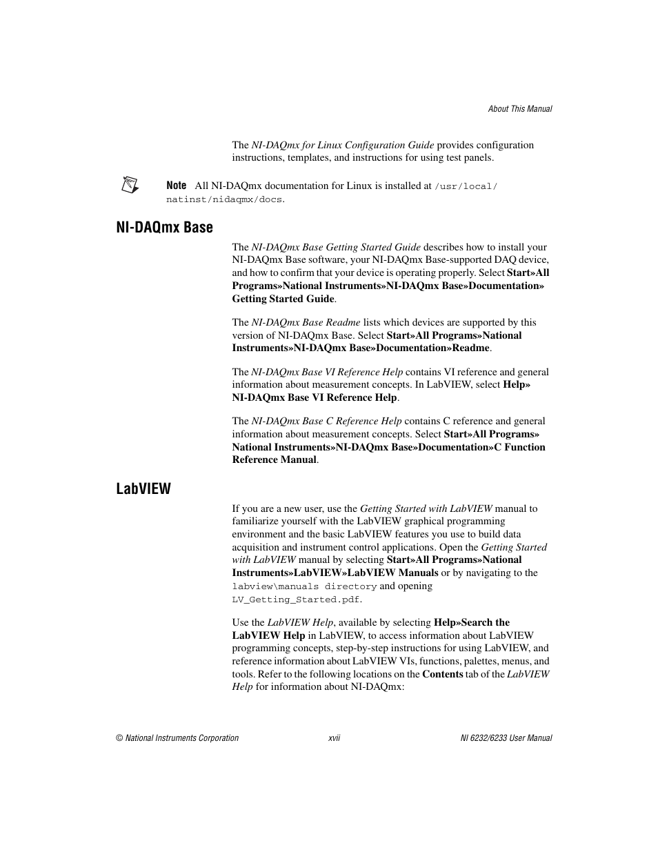 Ni-daqmx base, Labview | National Instruments NI 6232 User Manual | Page 15 / 180
