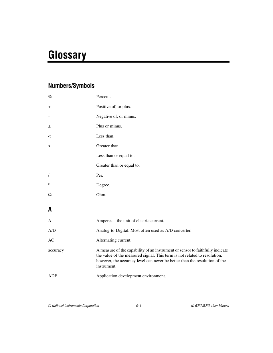 Glossary, Numbers/symbols | National Instruments NI 6232 User Manual | Page 152 / 180