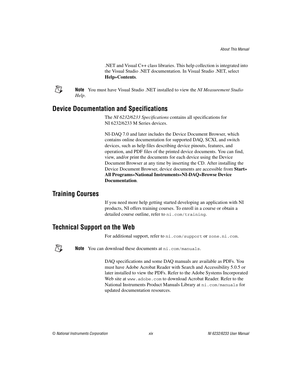 Device documentation and specifications, Training courses, Technical support on the web | National Instruments NI 6232 User Manual | Page 17 / 180