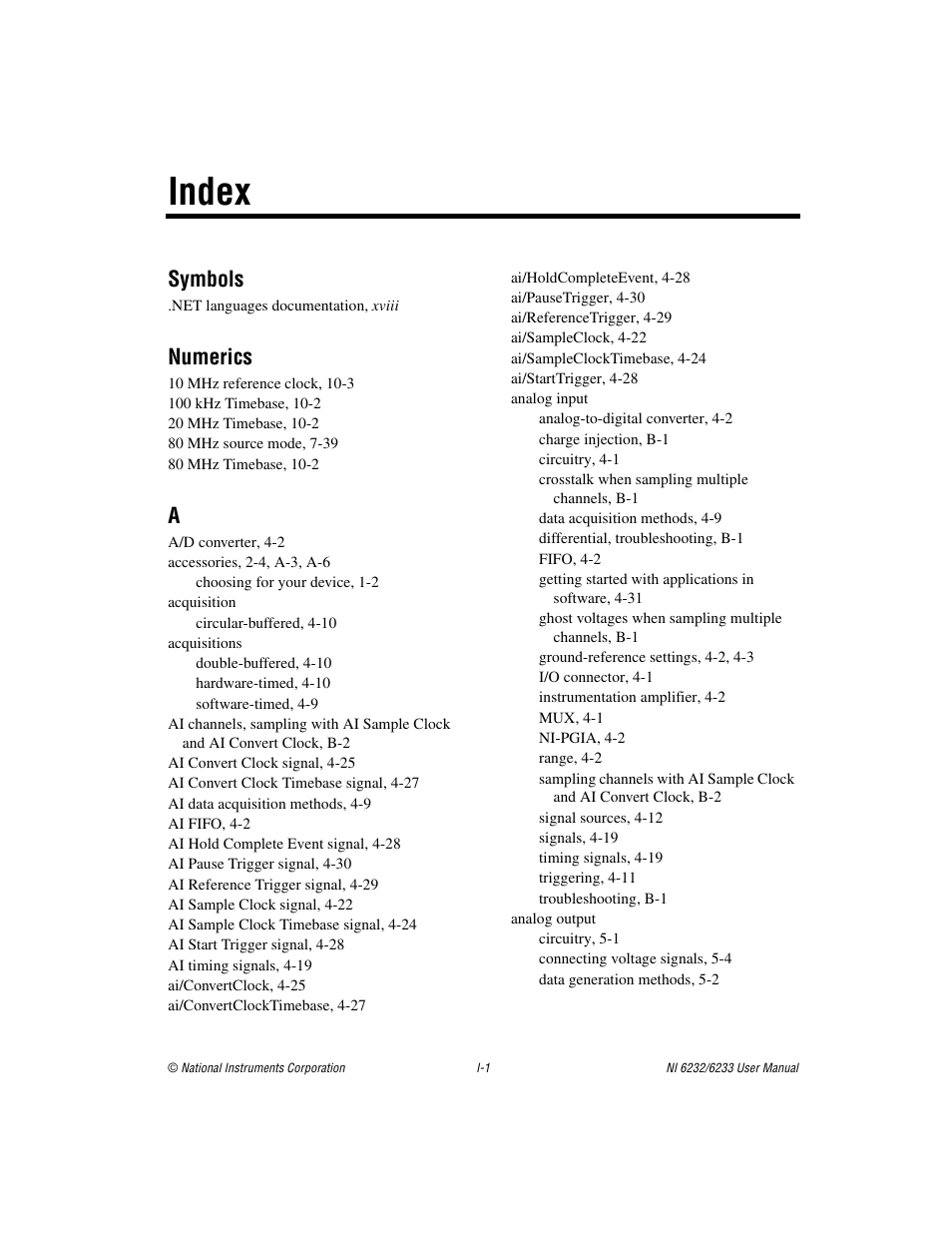 Index, Symbols, Numerics | National Instruments NI 6232 User Manual | Page 171 / 180