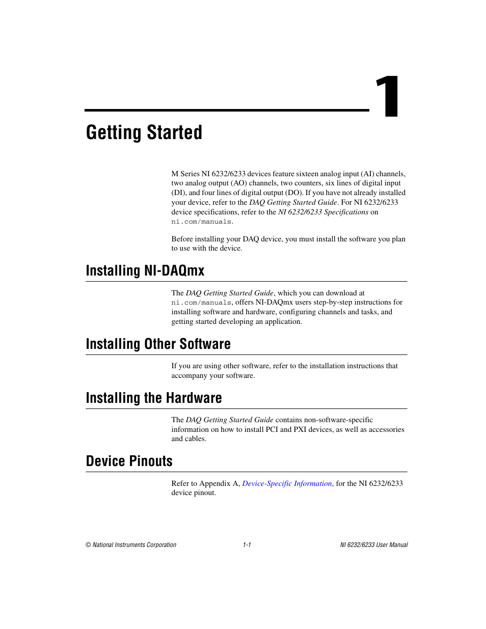 Chapter 1 getting started, Installing ni-daqmx, Installing other software | Installing the hardware, Device pinouts, Getting started | National Instruments NI 6232 User Manual | Page 18 / 180