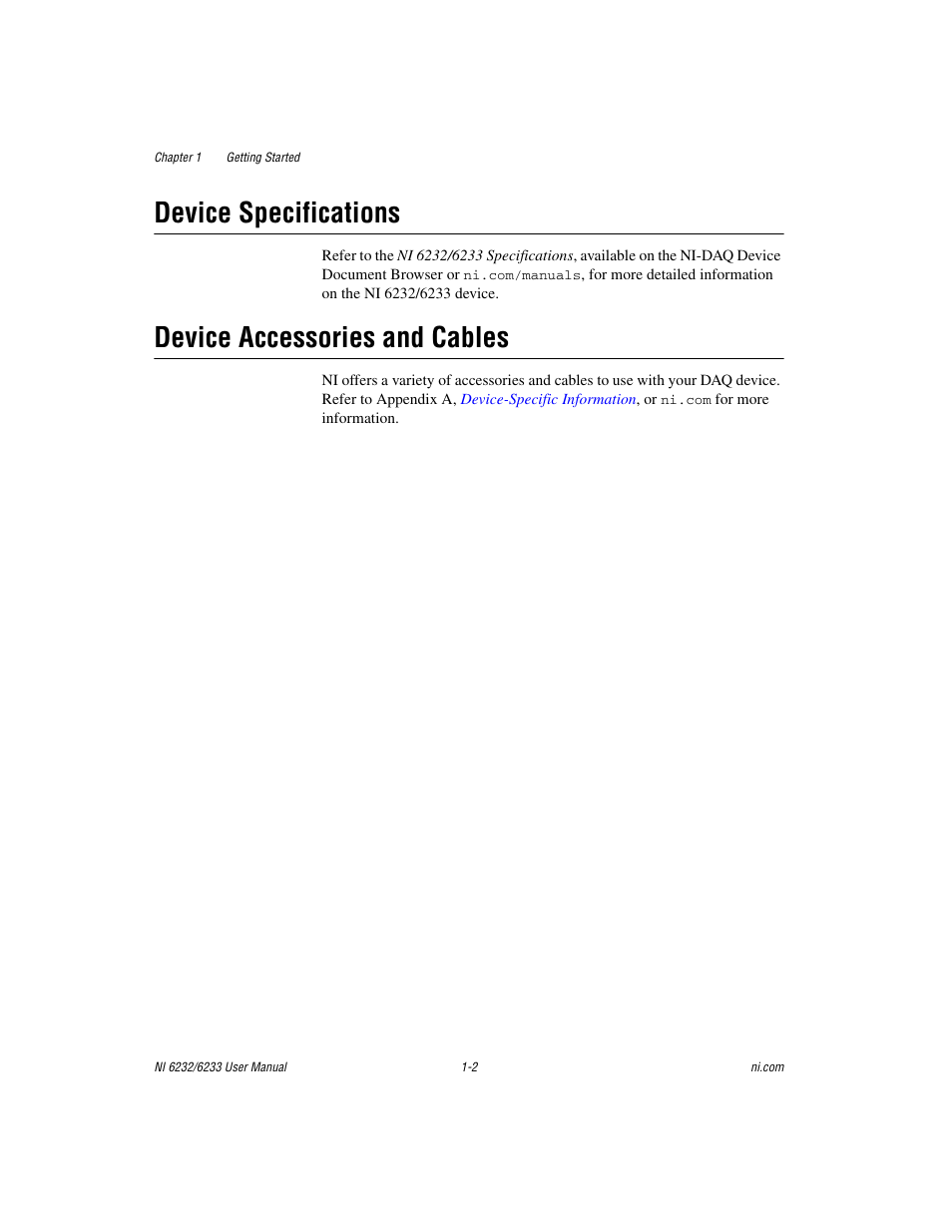Device specifications, Device accessories and cables | National Instruments NI 6232 User Manual | Page 19 / 180